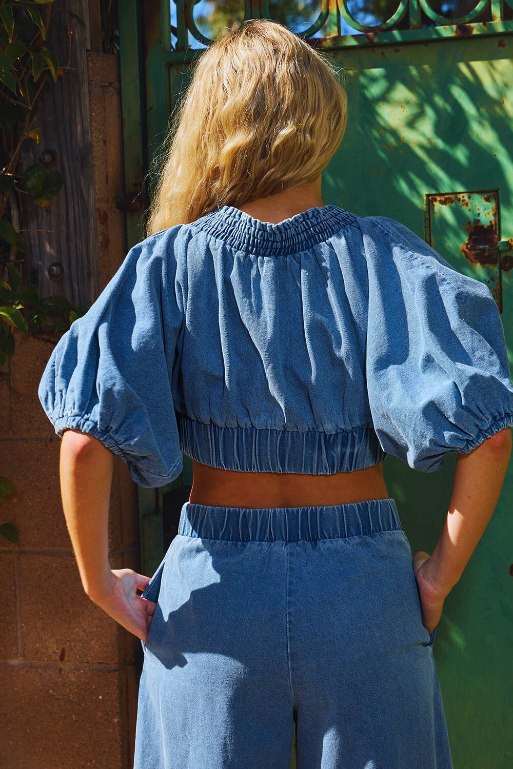 Smocked Ruffle V-neck Crop Top Denim Blouse