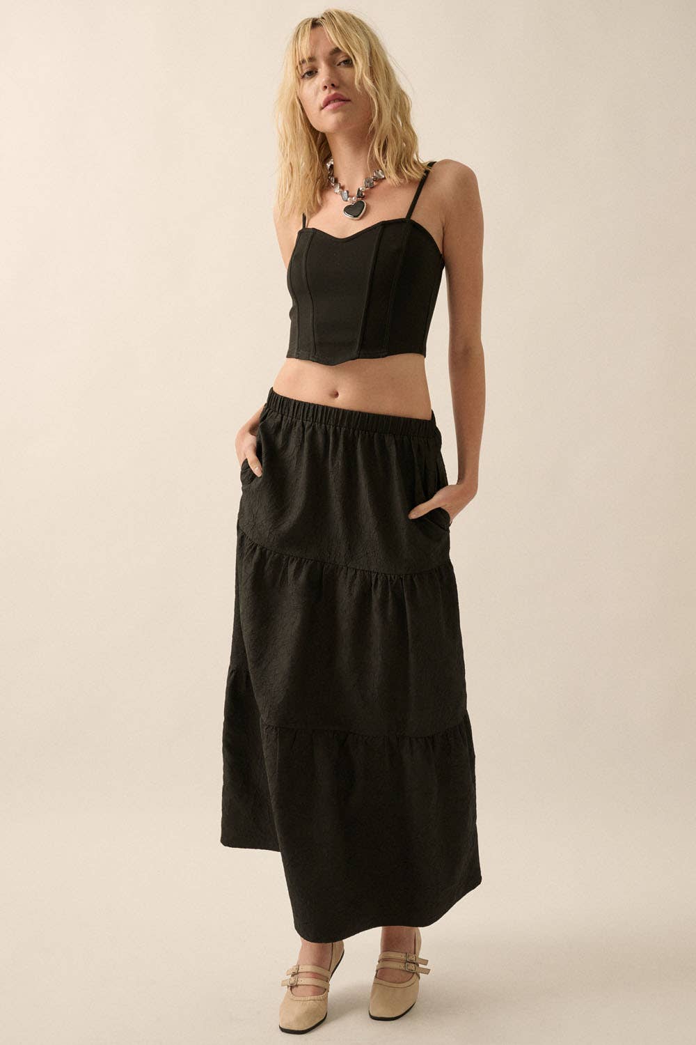 Tiered Ruffle Wrinkle-Texture Woven Maxi Skirt