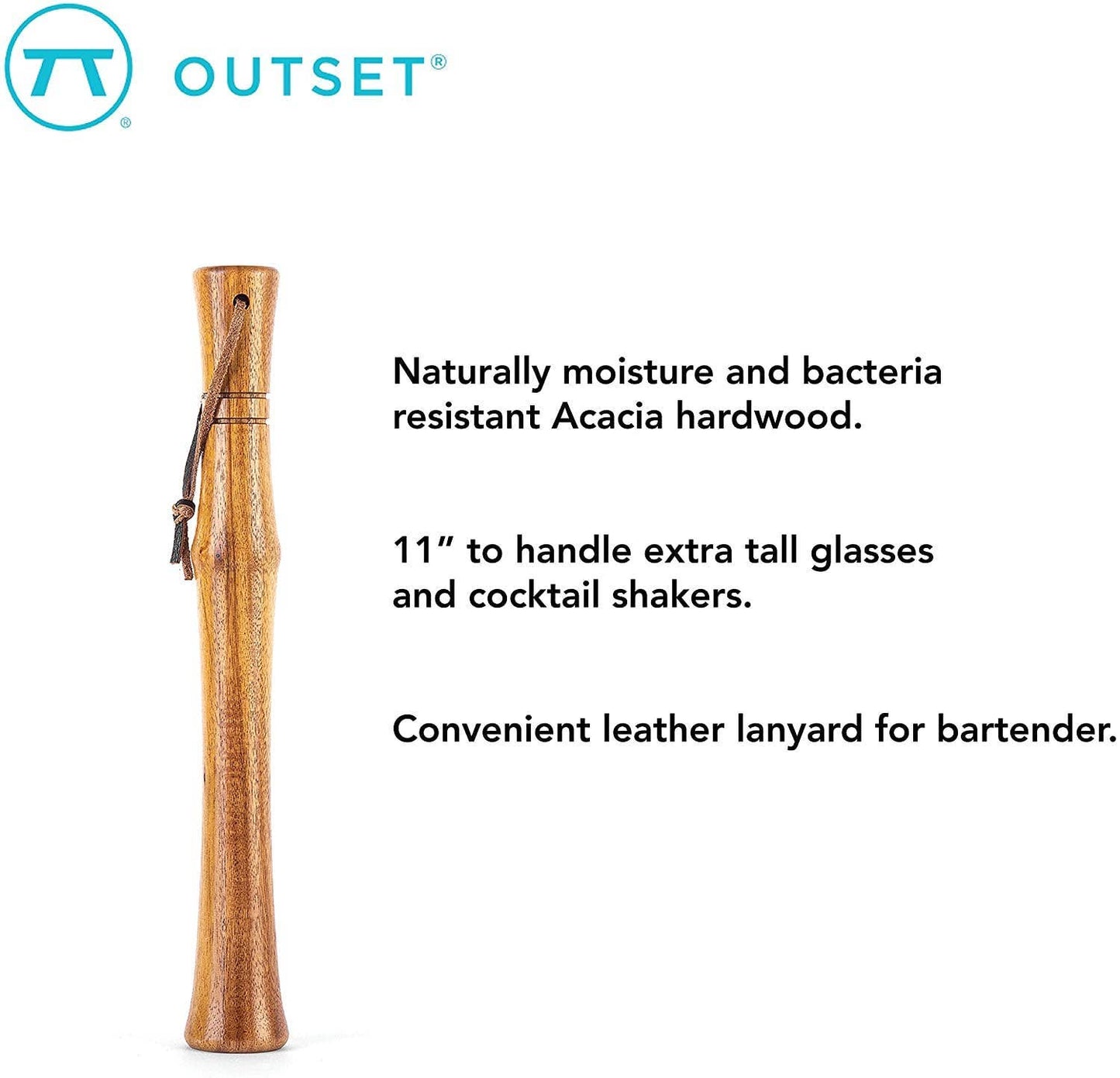 Outset Acacia Wood Cocktail Muddler, Natural, 11"