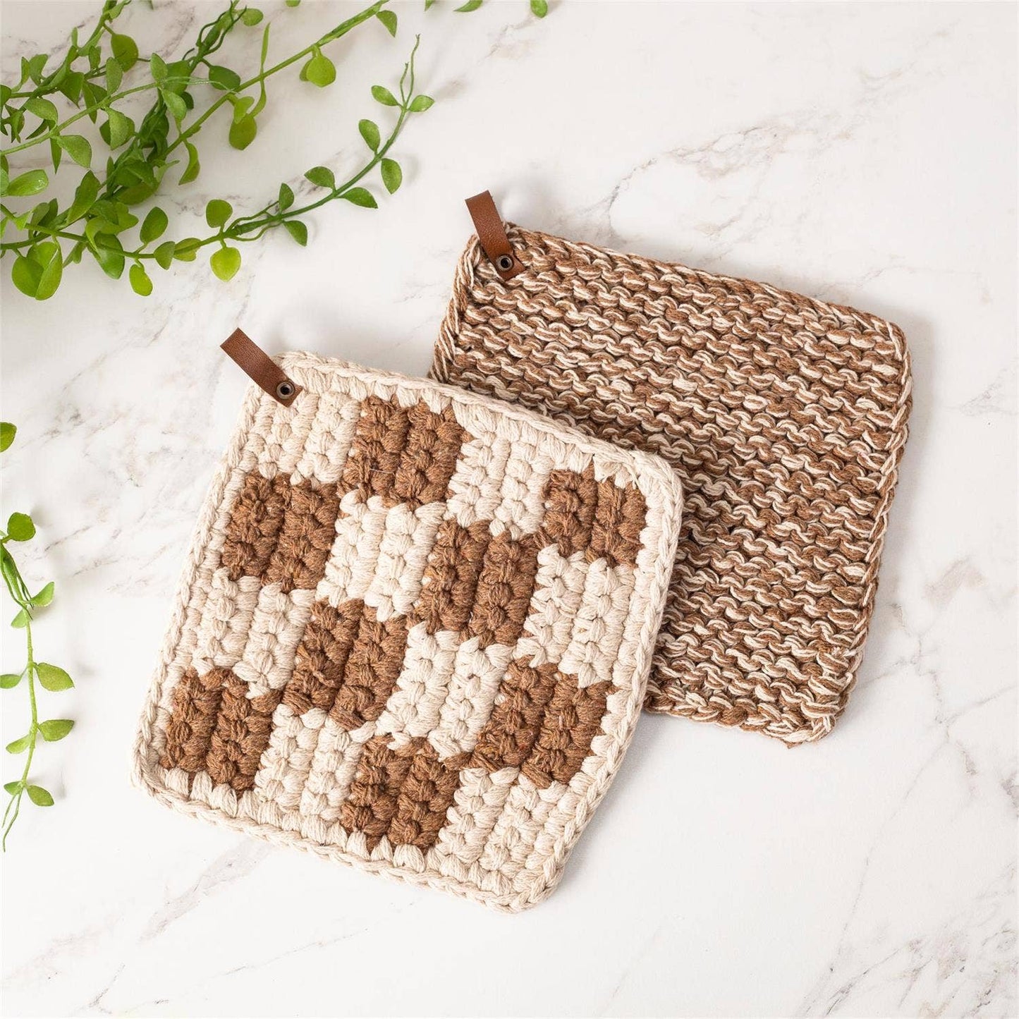 Knitted Pot Holder - Brown and Cream