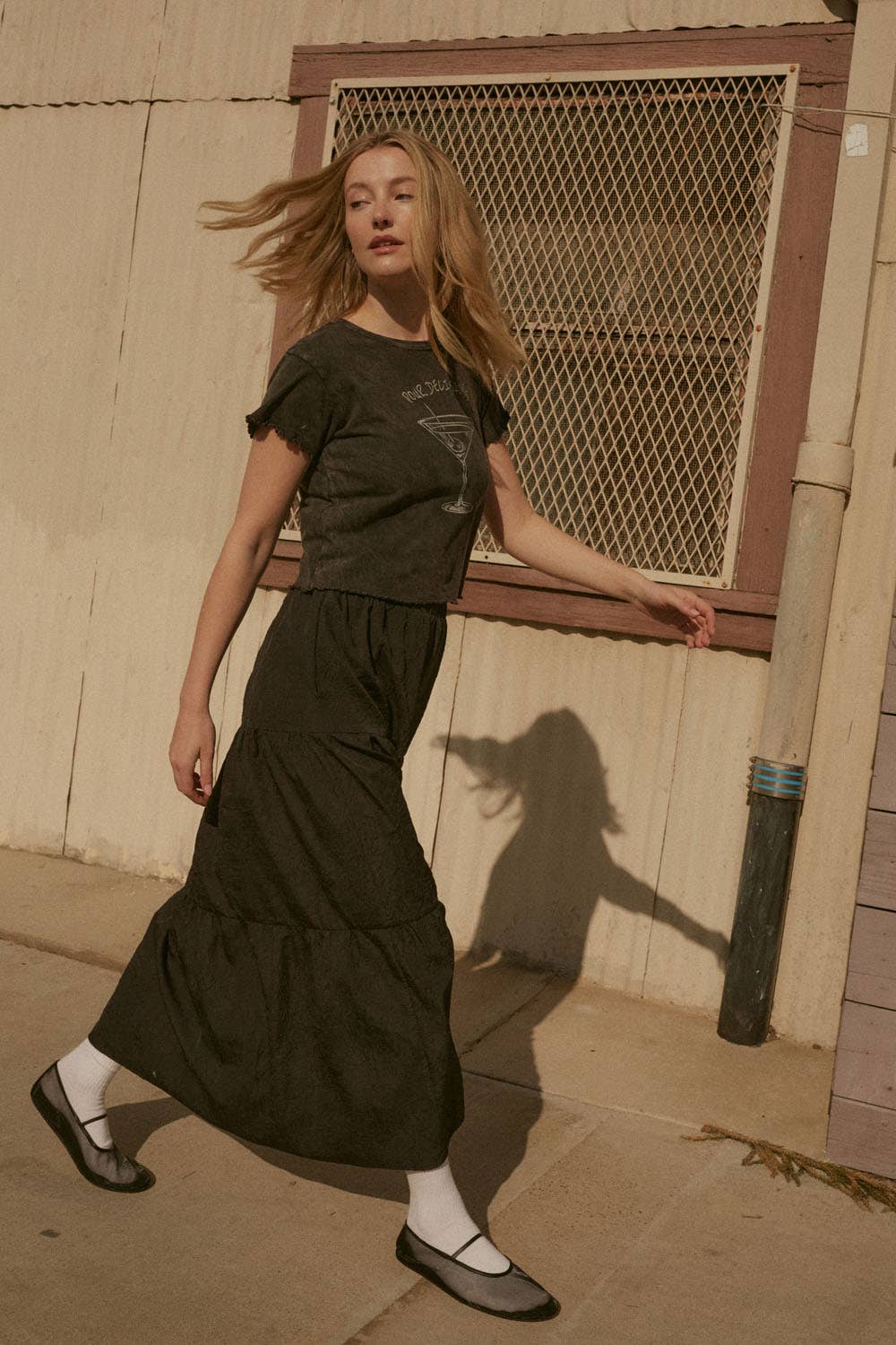 Tiered Ruffle Wrinkle-Texture Woven Maxi Skirt