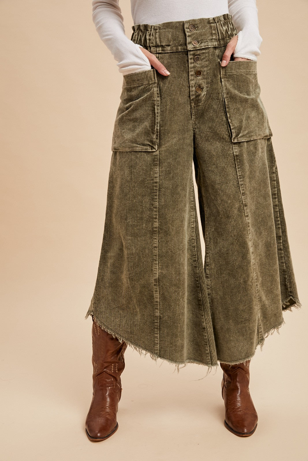 Olive Cropped Fray Hem Wide Leg Pants