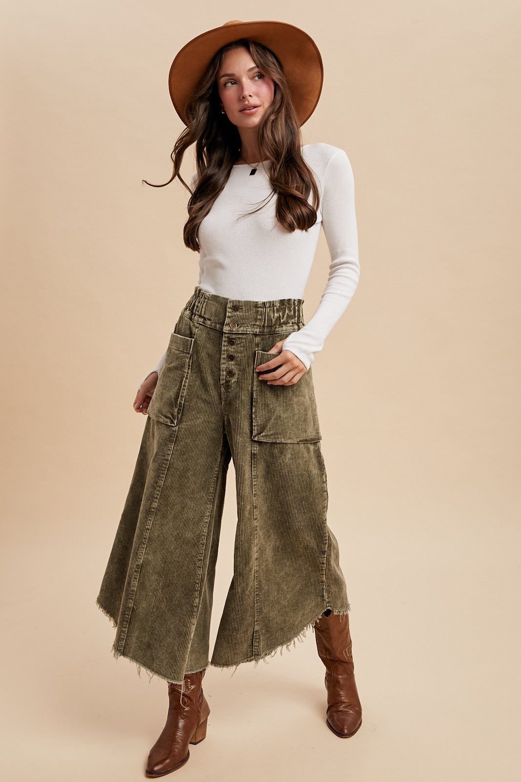 Olive Cropped Fray Hem Wide Leg Pants