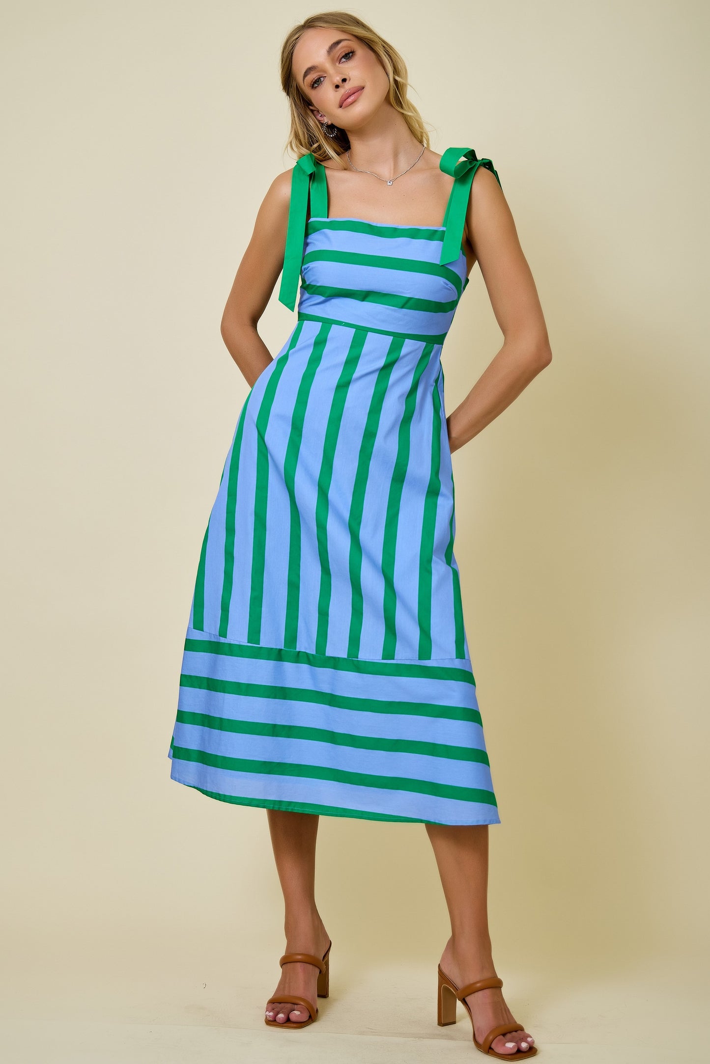 Striped Midi Dress with Shoulder Ties