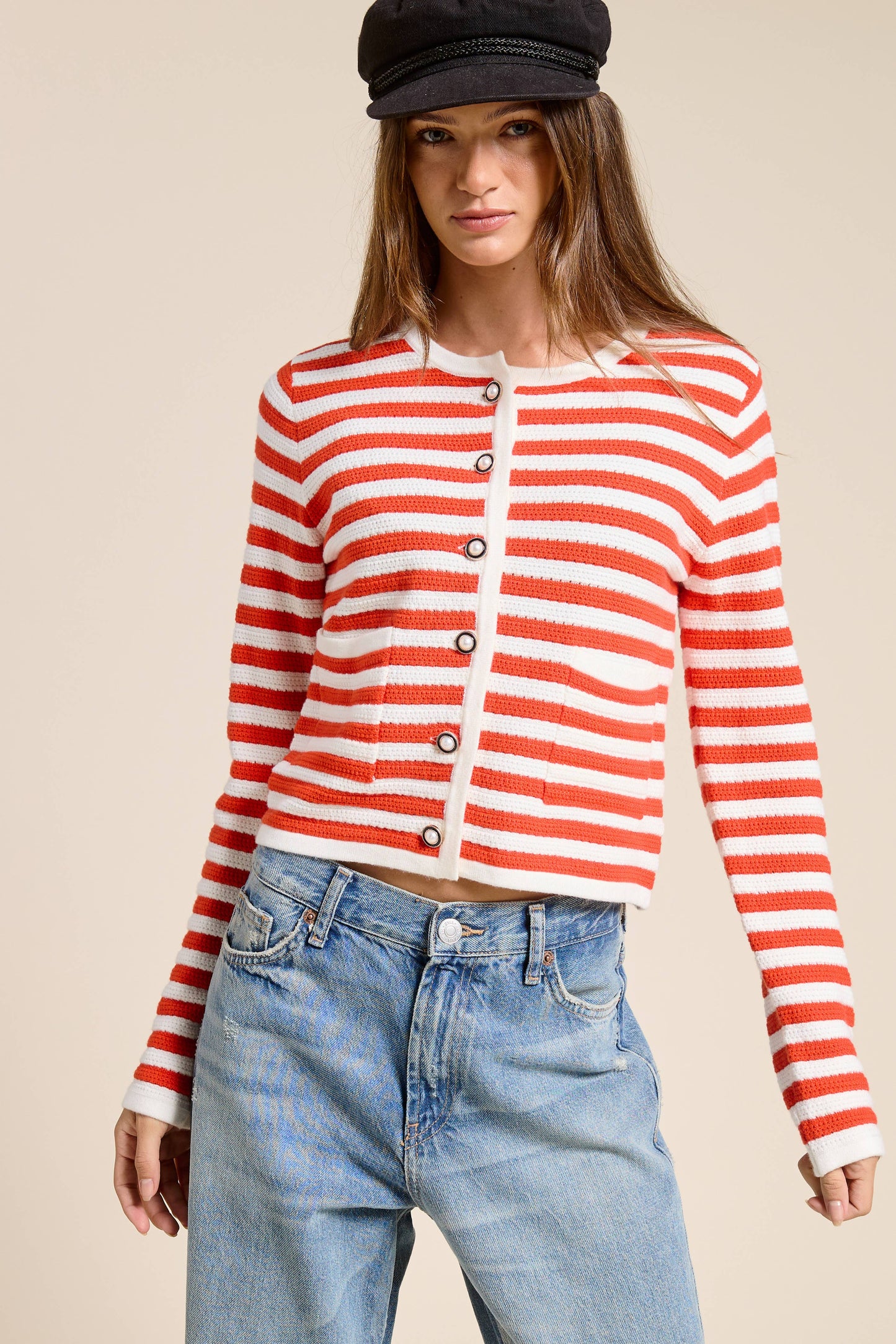 Pearl Embellishment Striped Cardigan Sweater