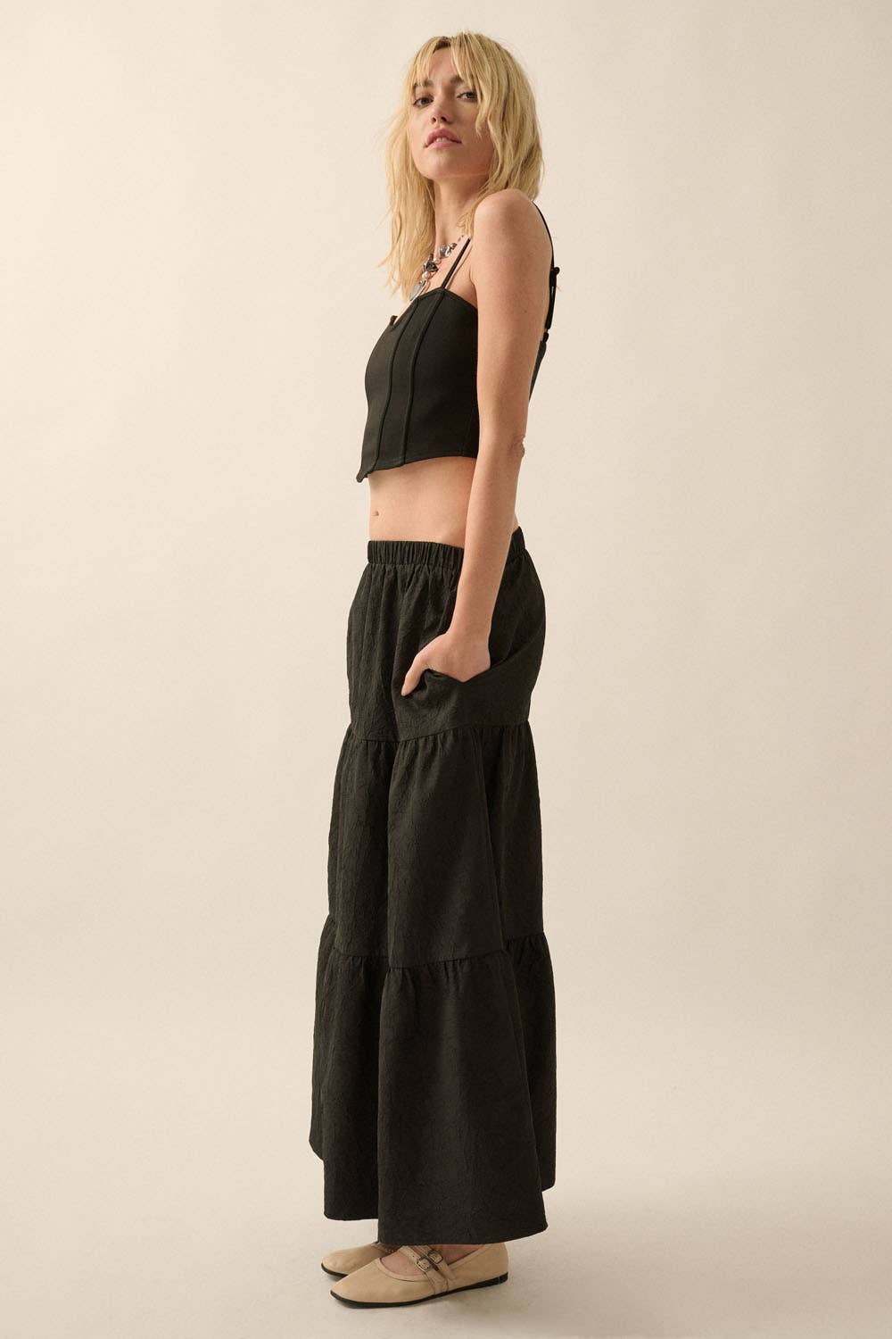 Tiered Ruffle Wrinkle-Texture Woven Maxi Skirt