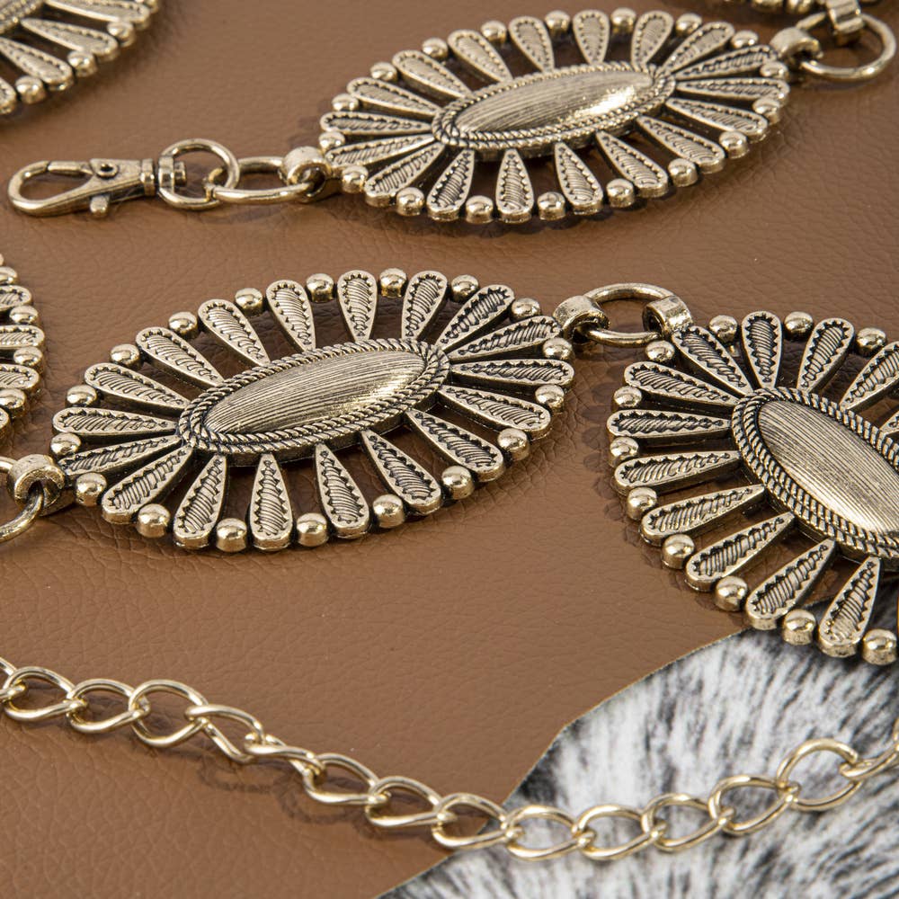 Crystal Studded Openwork Oval Concho Chain Belt
