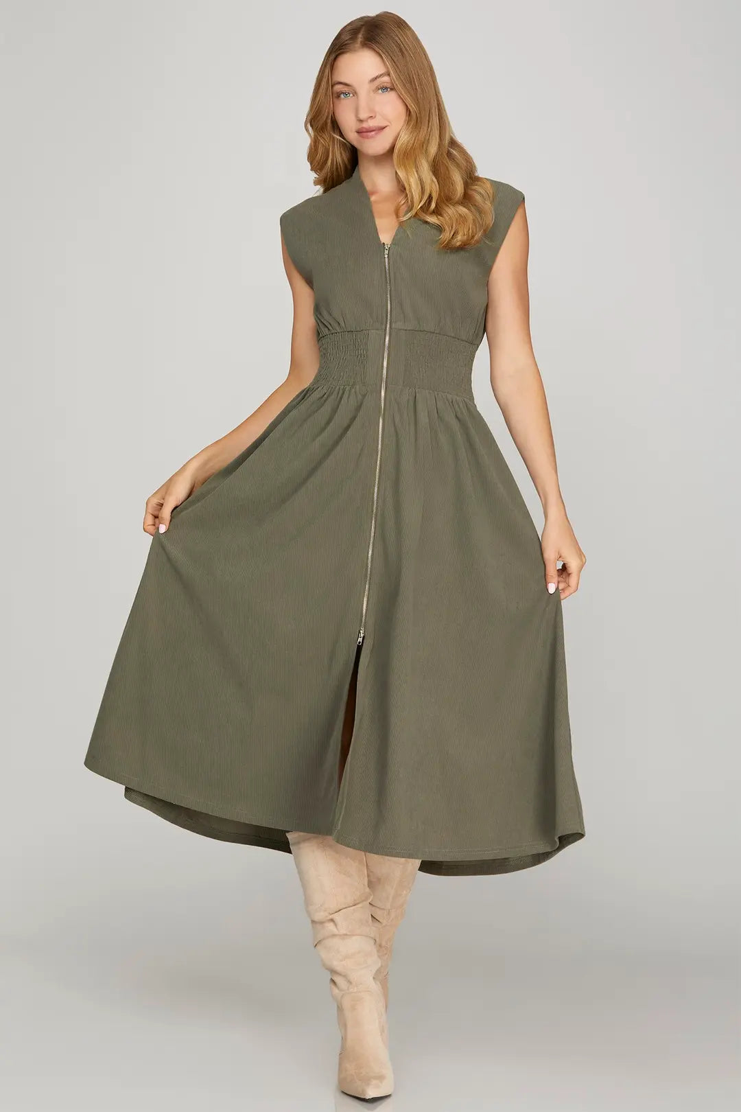 Olive Smocked Midi Dress