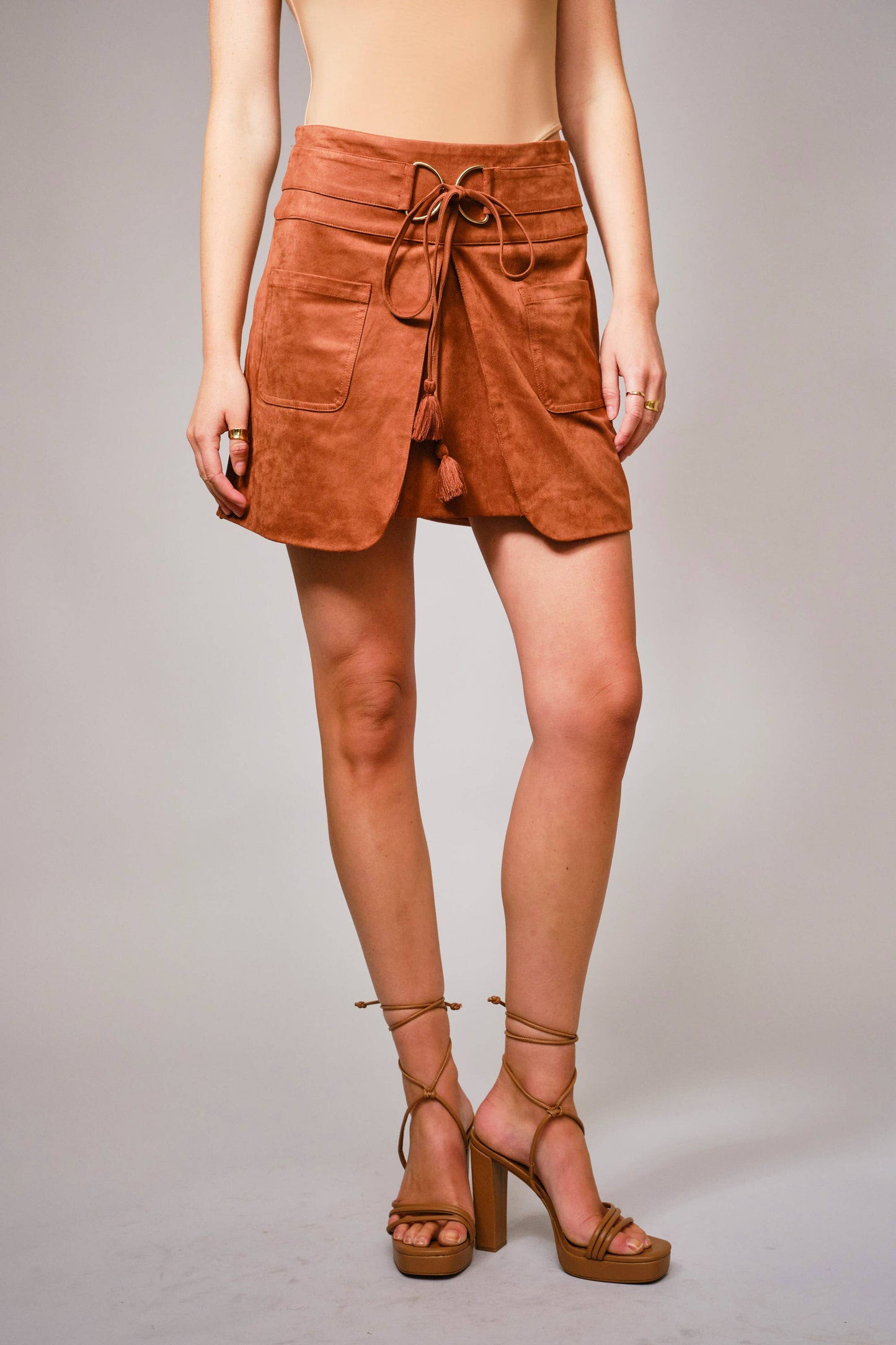 Suede Ring Tassel Tie Mini Skirt