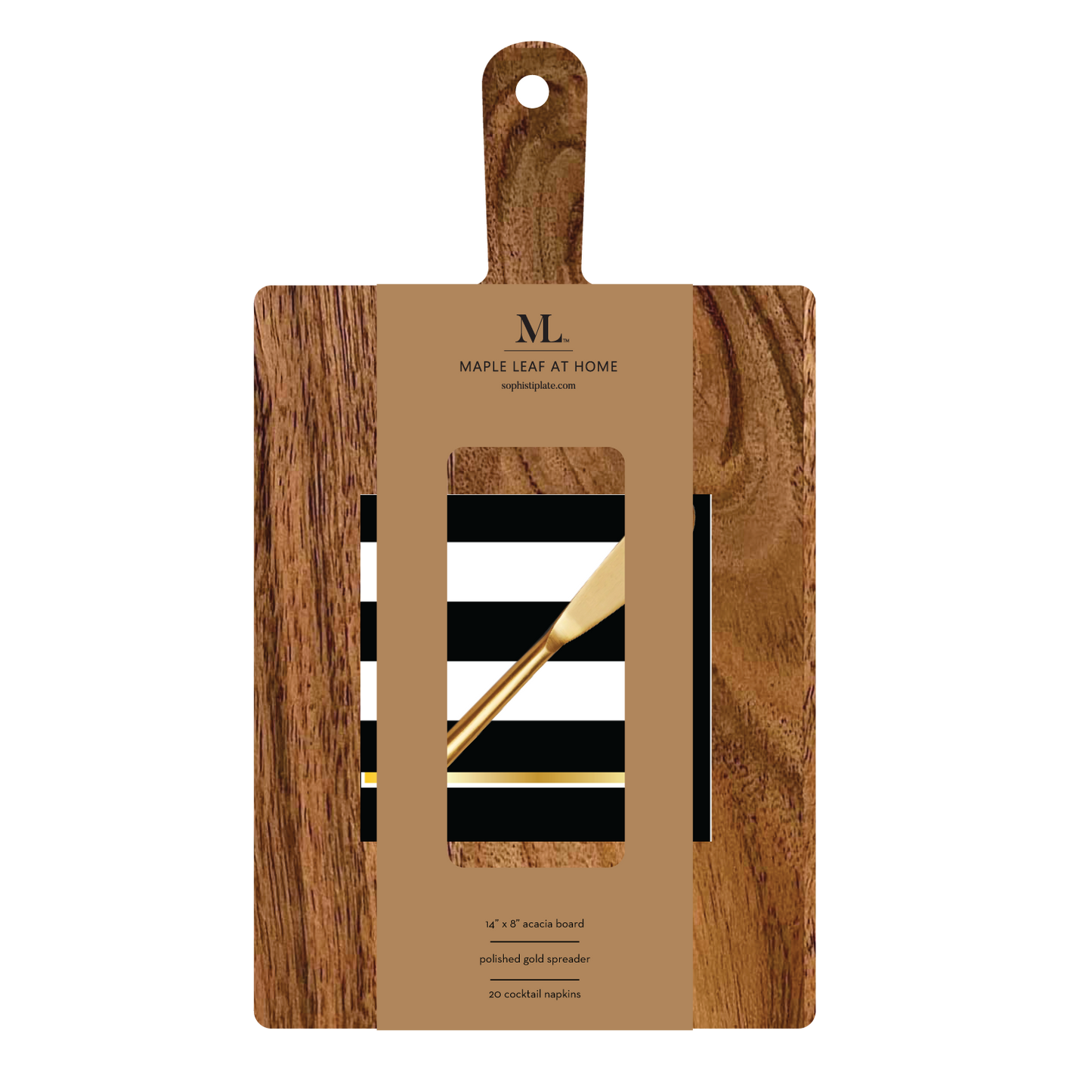 14x8" Acacia Board w/ Handle Gold Spreader, Cordoba Napkin