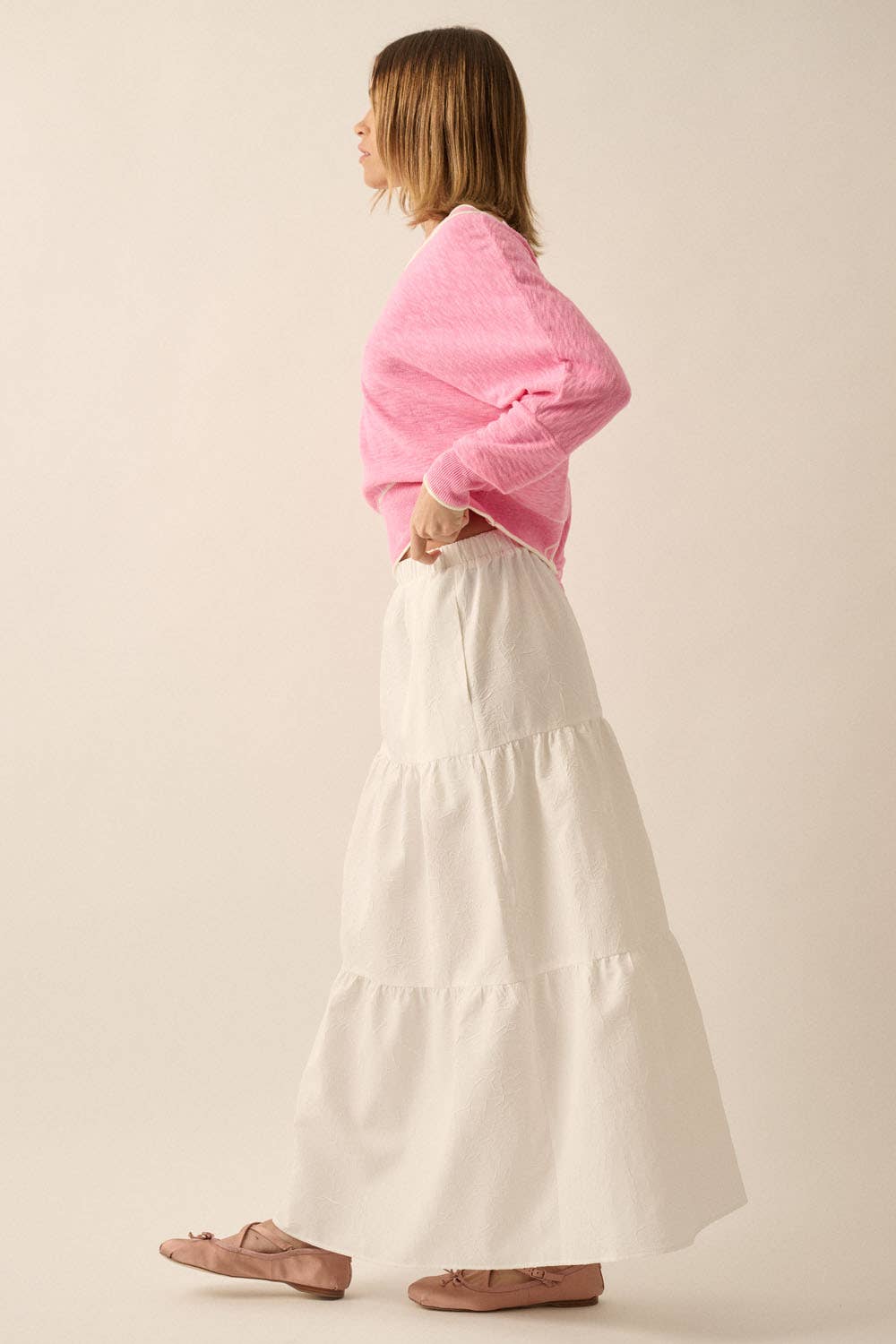 Tiered Ruffle Wrinkle-Texture Woven Maxi Skirt