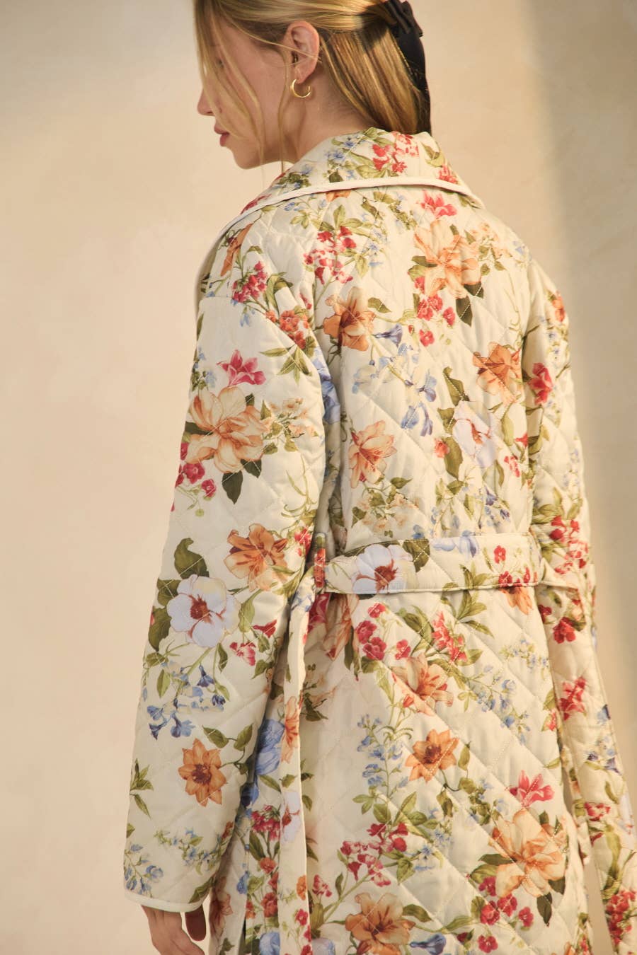 Quilted Floral Printed Belted Coat