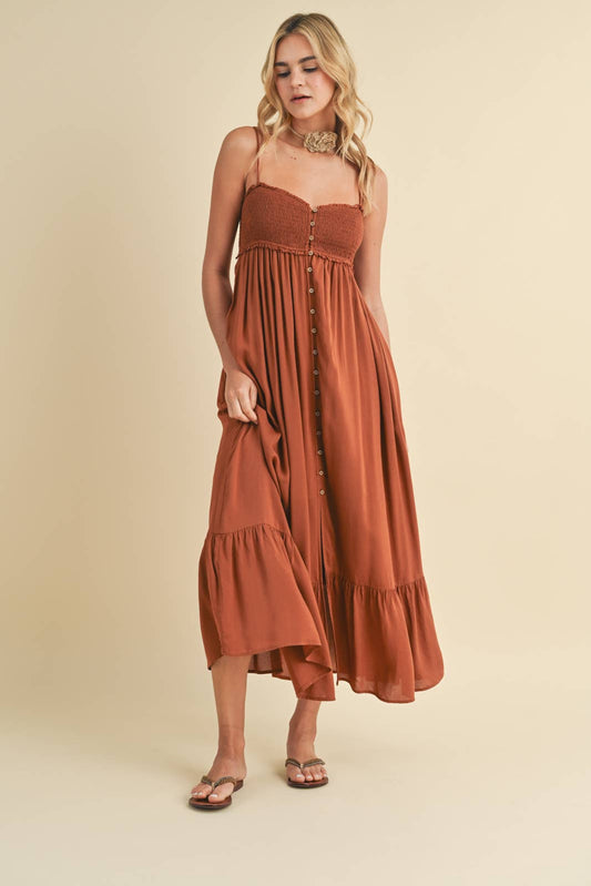 SMOCKED BUTTON-UP MAXI DRESS W/ OPEN BACK DETAIL
