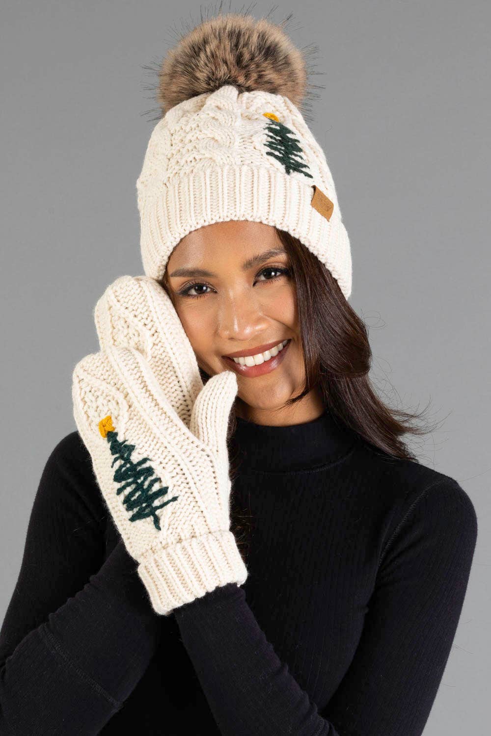 Beige Cable Knit Pom Hat w/ Embroidered Tree