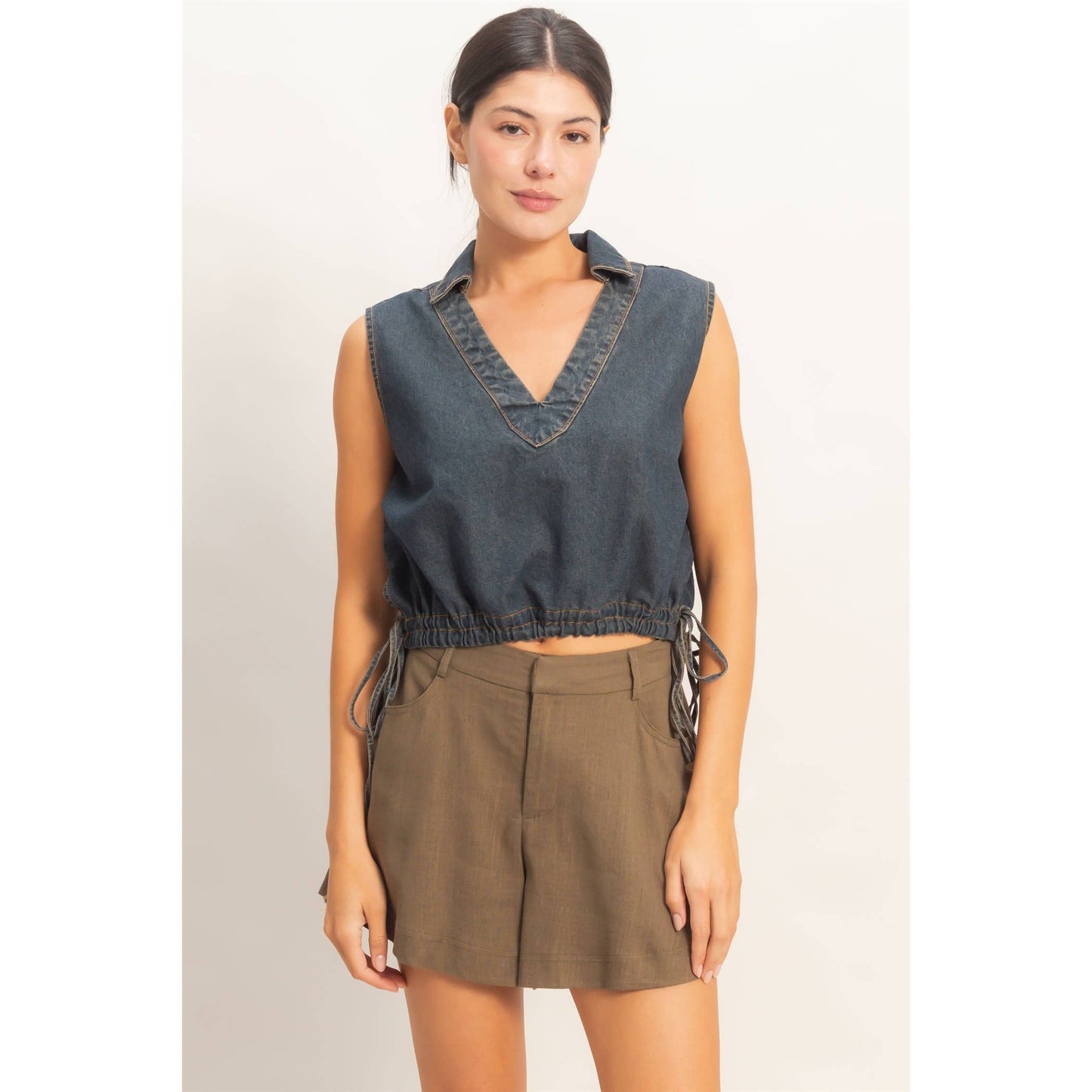 Collared V-Neck Drawstring Tank