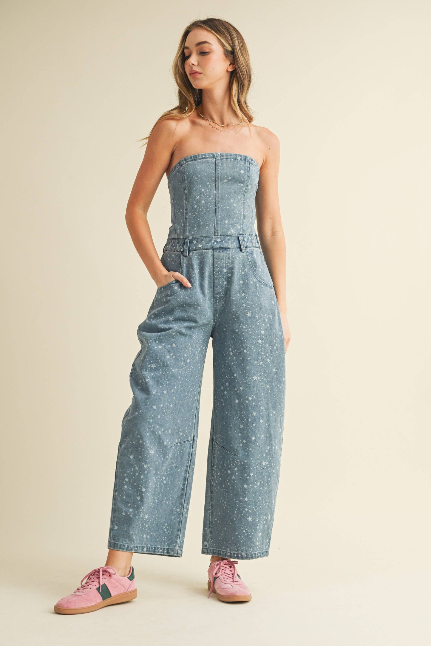 Star Print Strapless Barrel Jumpsuit