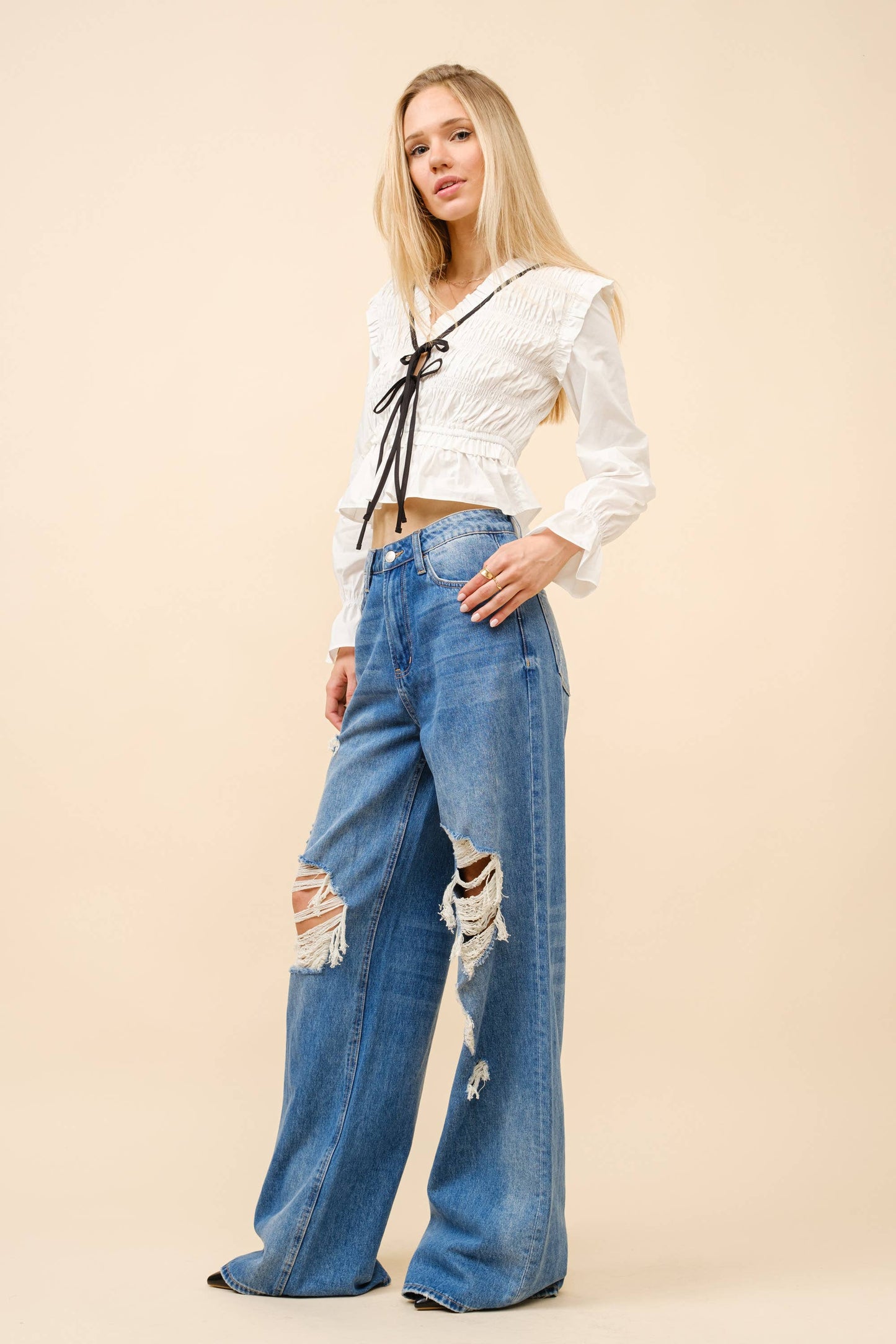 Poplin Smocked Tie Blouse