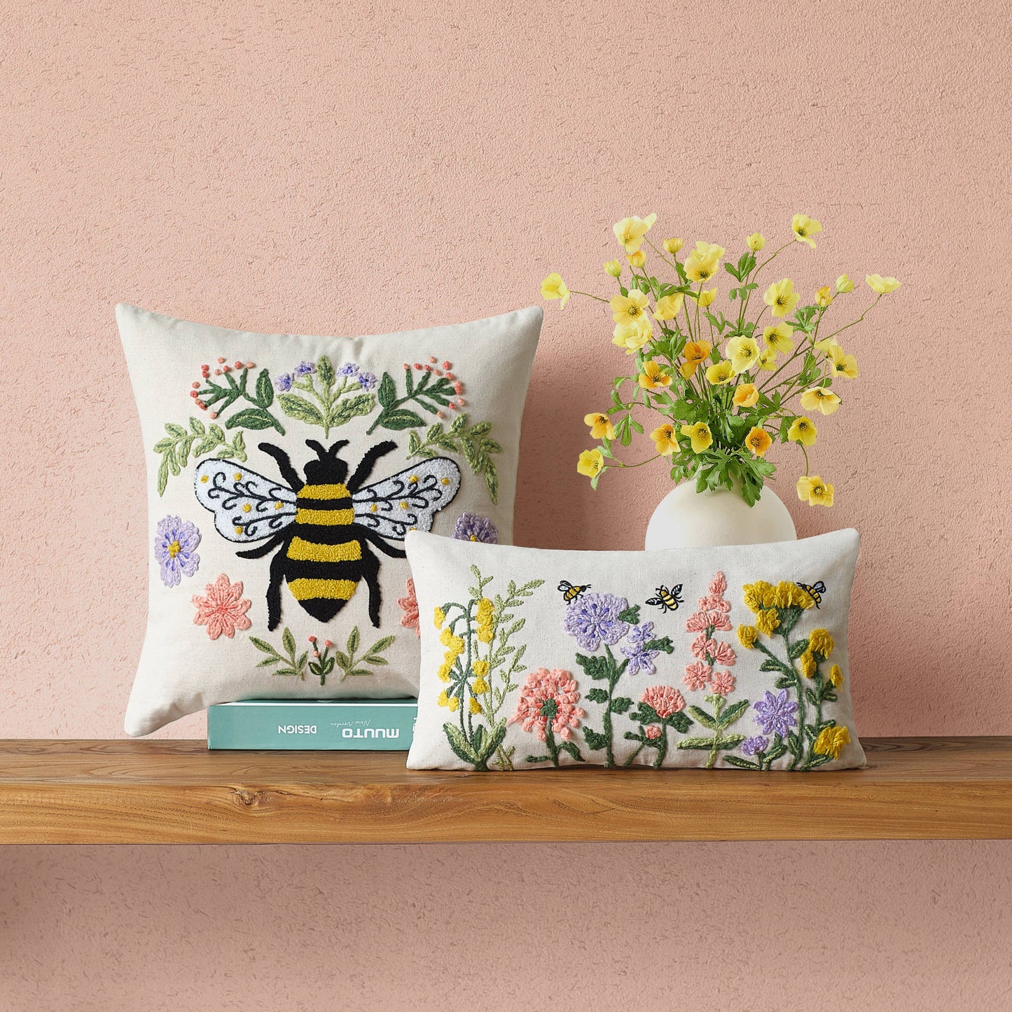 Floral Natural Field Embroidered Pillow