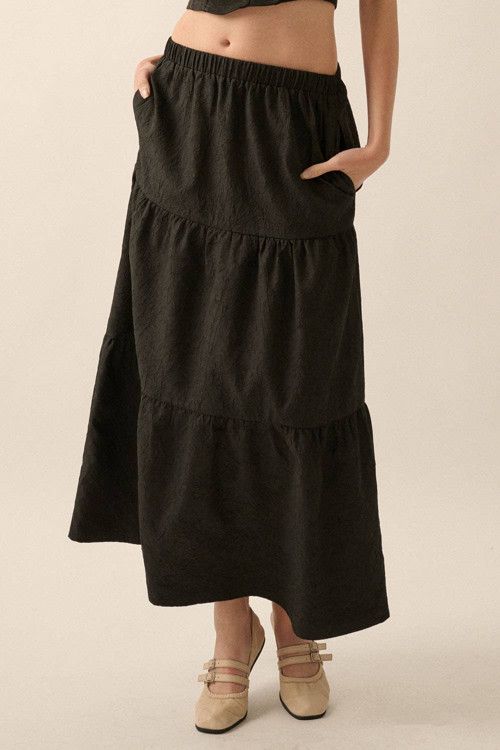 Tiered Ruffle Wrinkle-Texture Woven Maxi Skirt