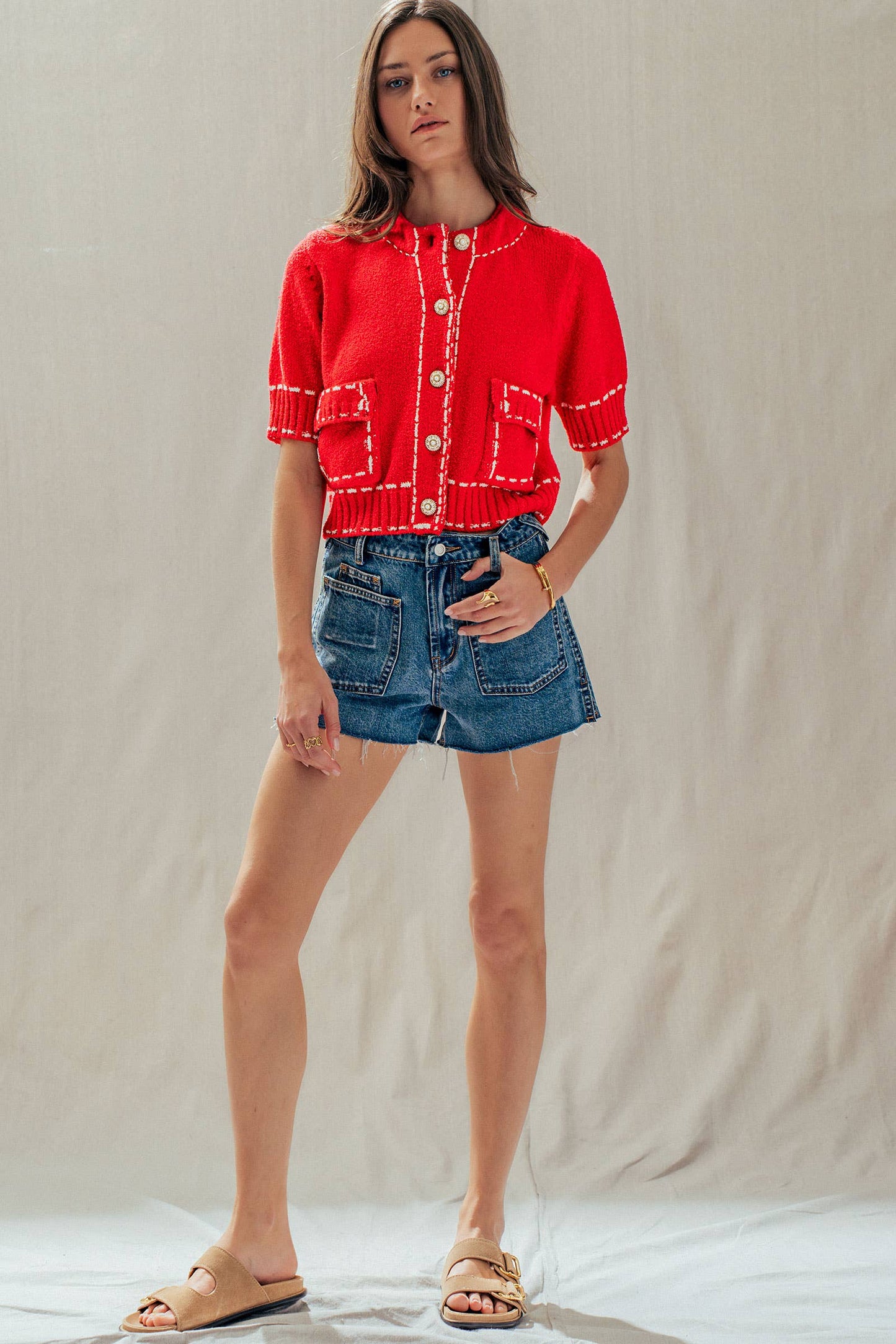 Faux Stitch Look Short Sleeve Cardigan