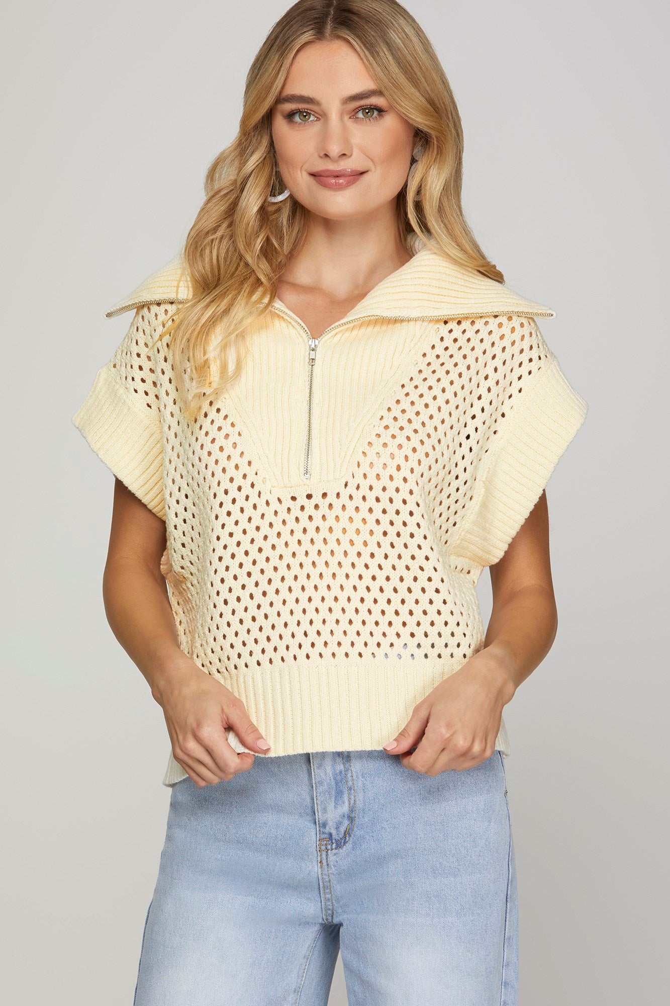 Half Zip Open Knit Sweater