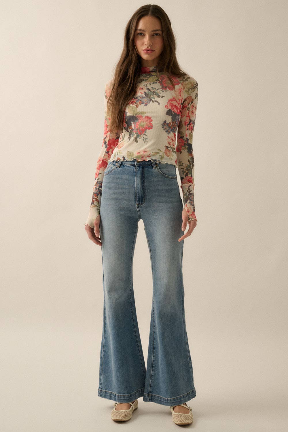 Floral-Print Mesh Mock-Neck Top