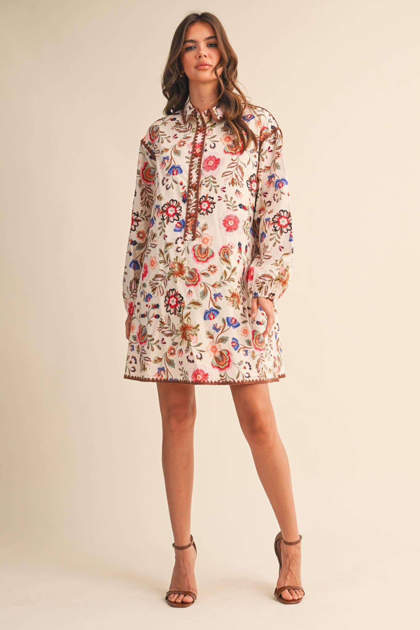 Blanket Stitch Buttoned Mini Dress
