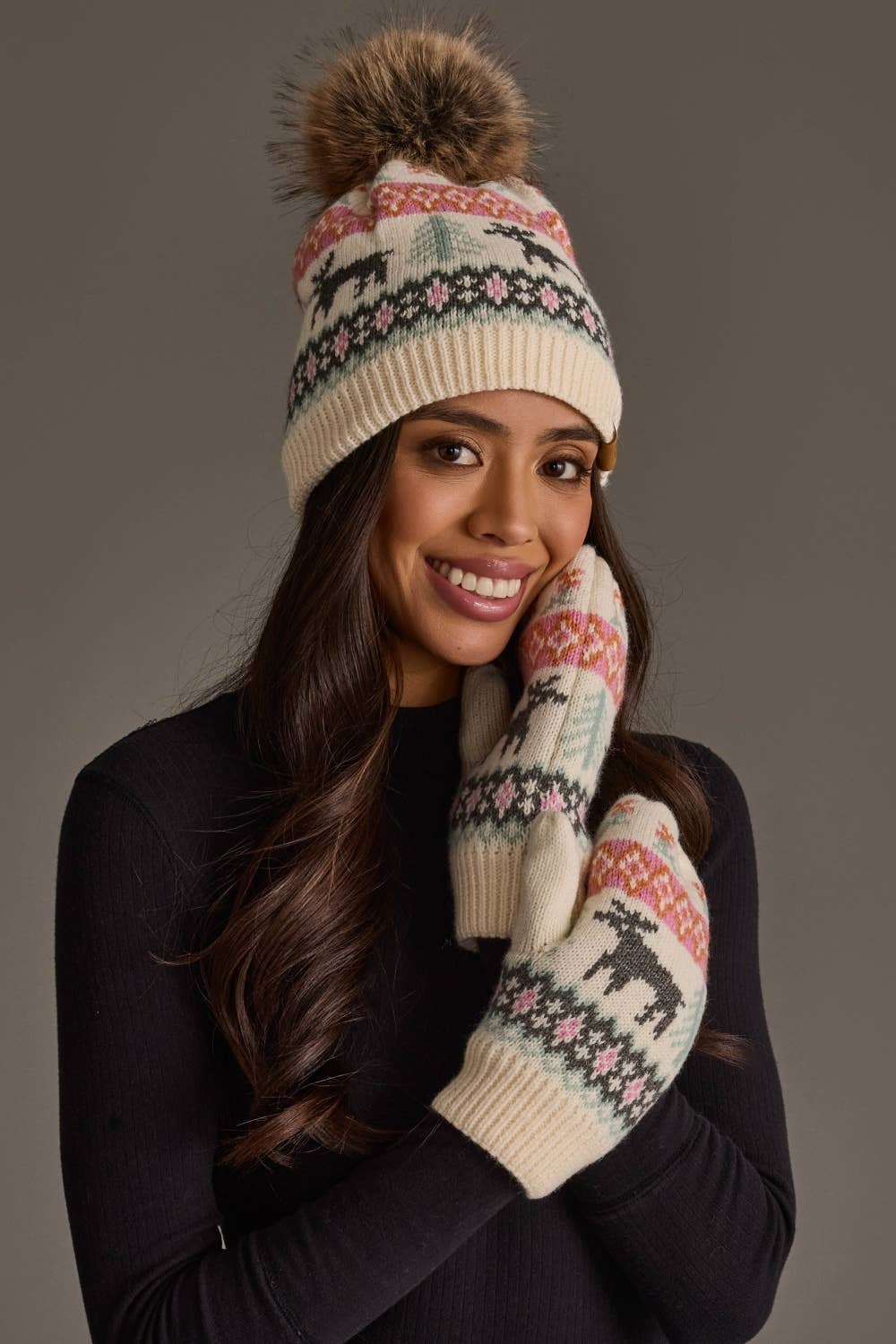Ivory Deer Winter Pattern Pom Hat