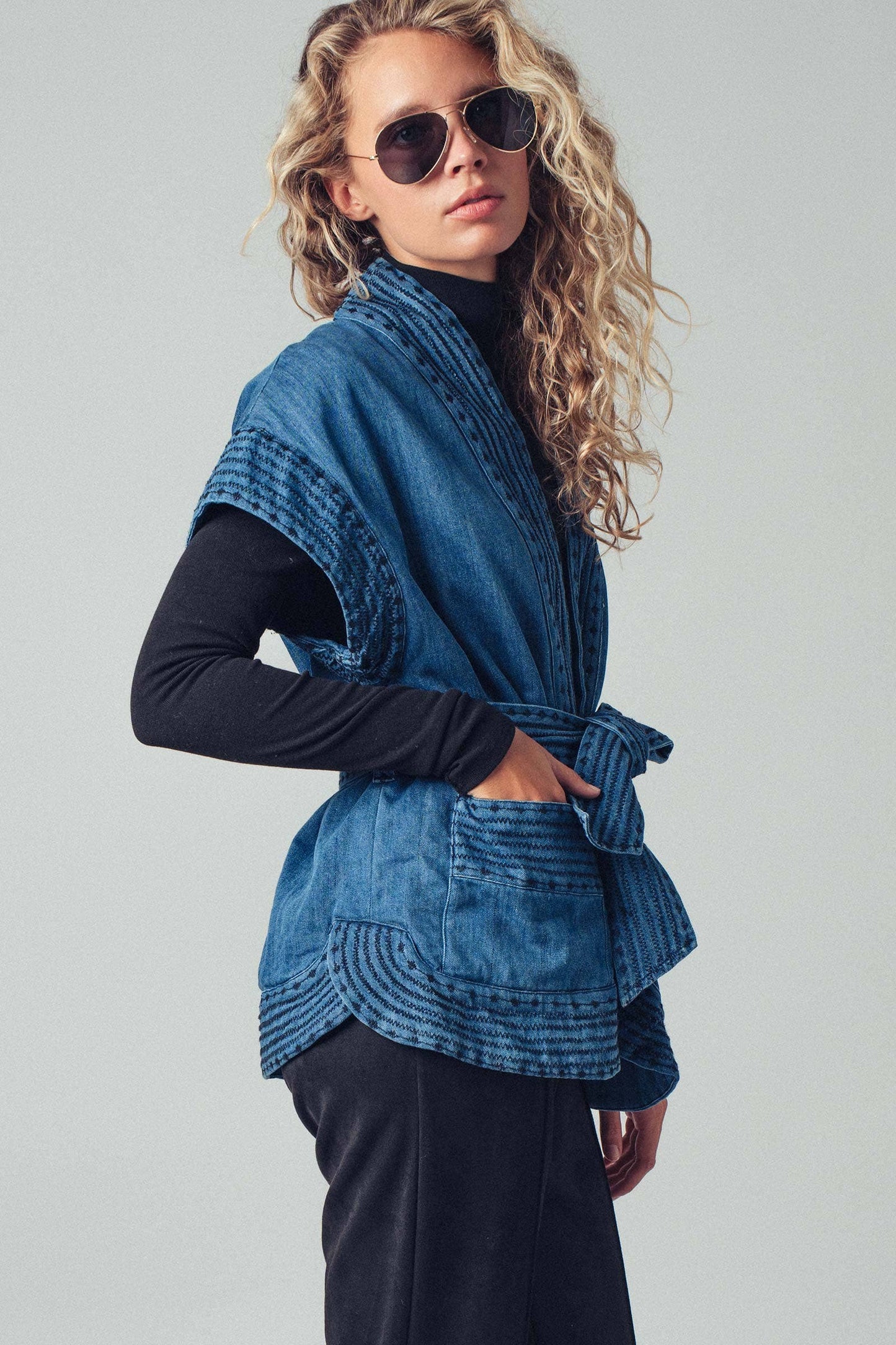 Washed Belted Denim Vest