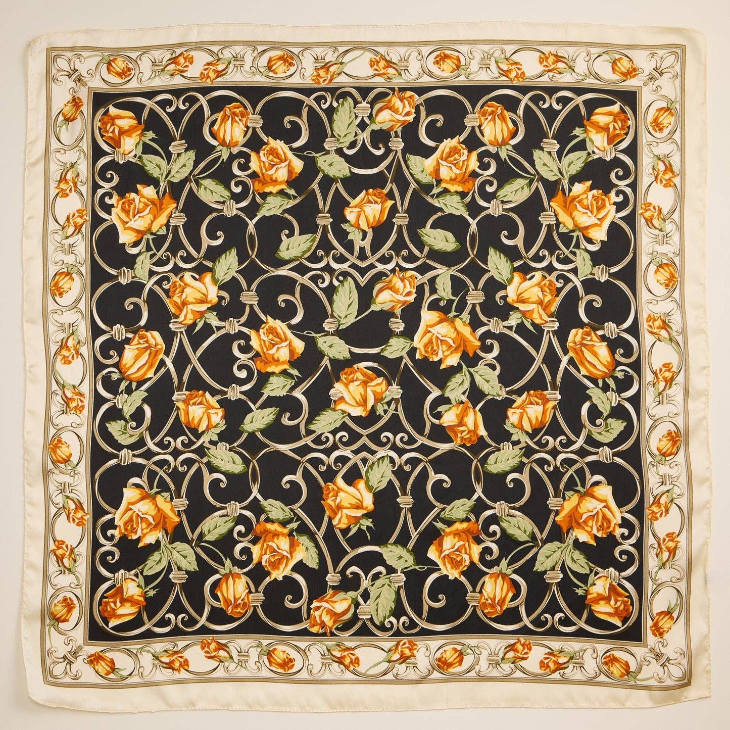 Baroque Rose Print Elegant Floral Silk-Feel Scarf