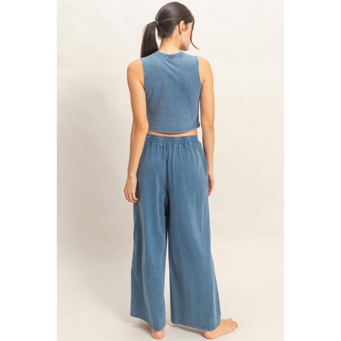 Mineral Washed Sleeveless Top & Wide Leg Pants Set: NAVY