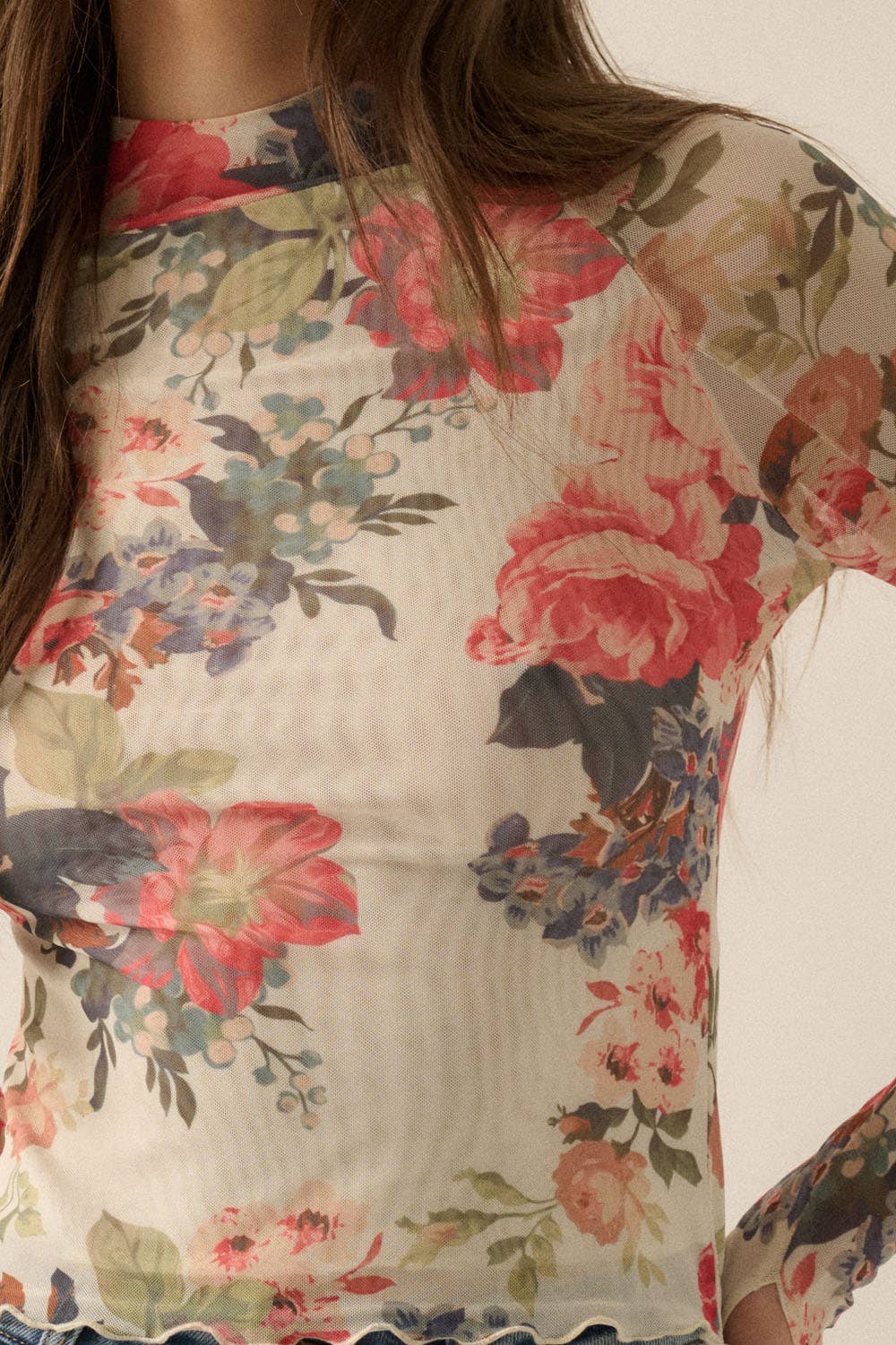 Floral-Print Mesh Mock-Neck Top