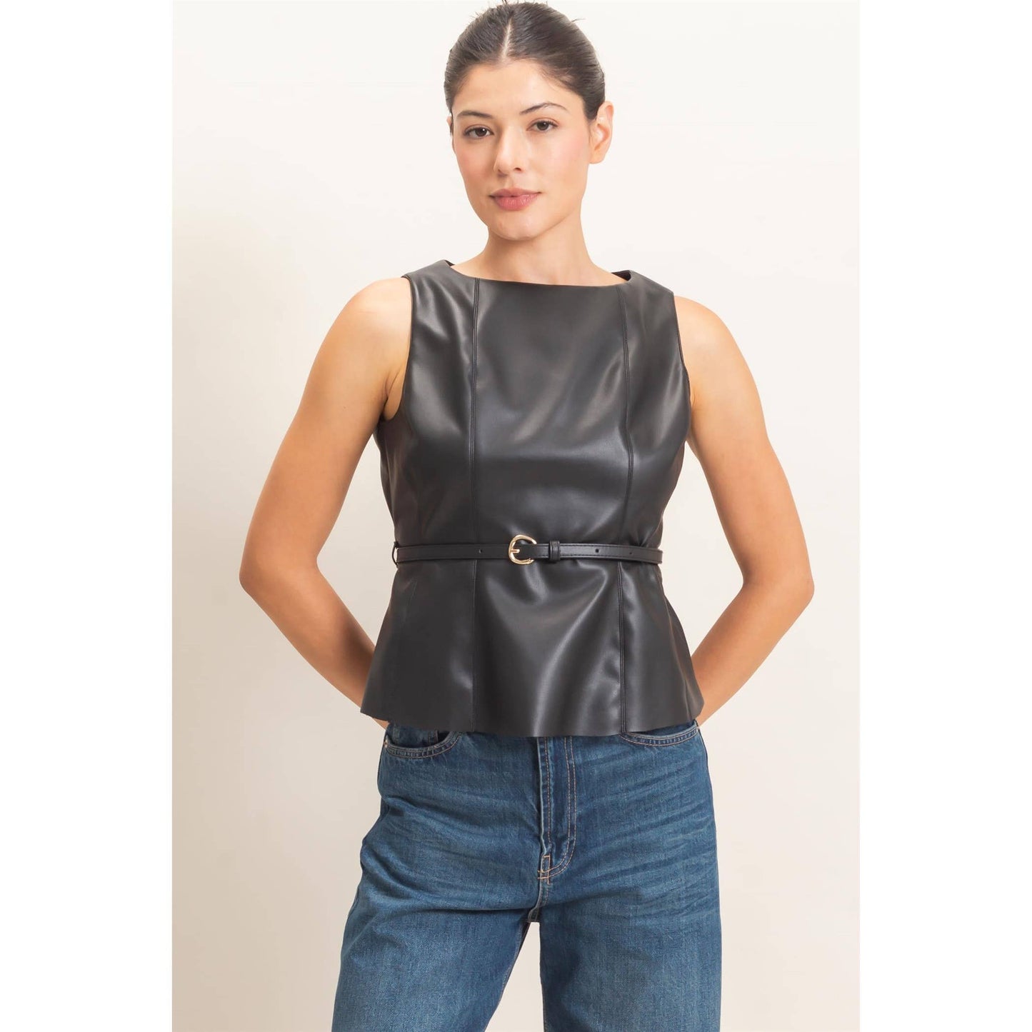 Sleek Faux Leather Belted Top