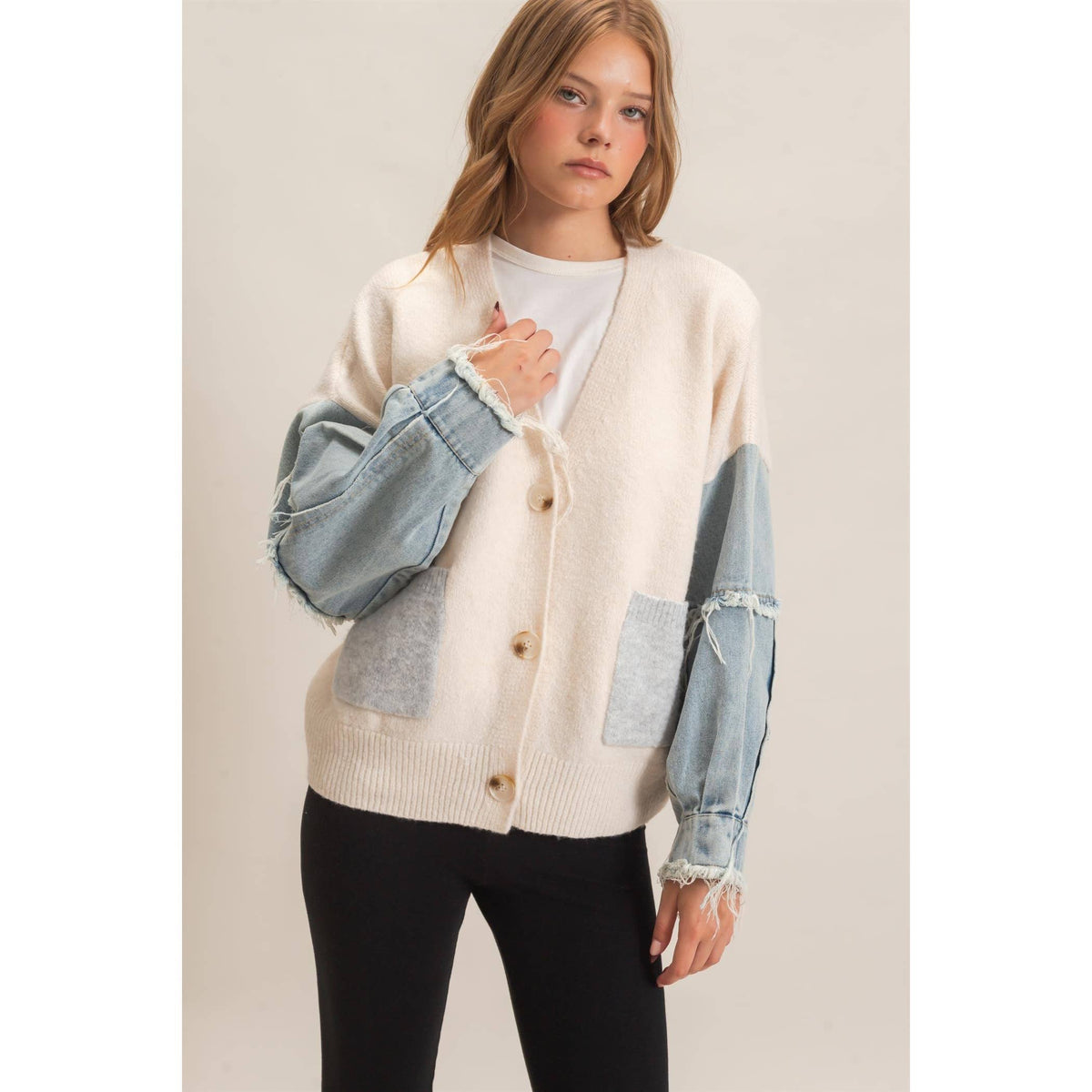 V-Neck Cardigan With Distressed Denim Sleeves