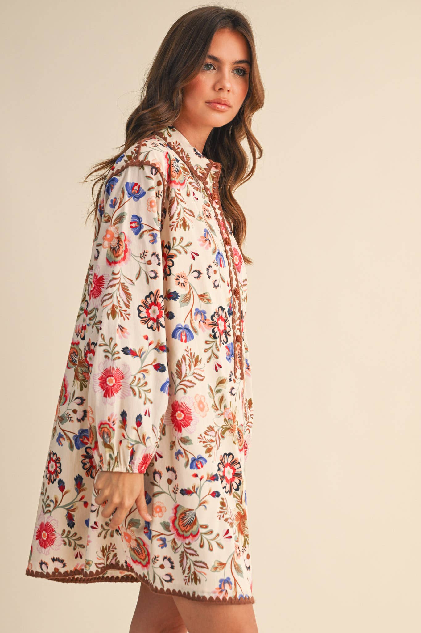 Blanket Stitch Buttoned Mini Dress