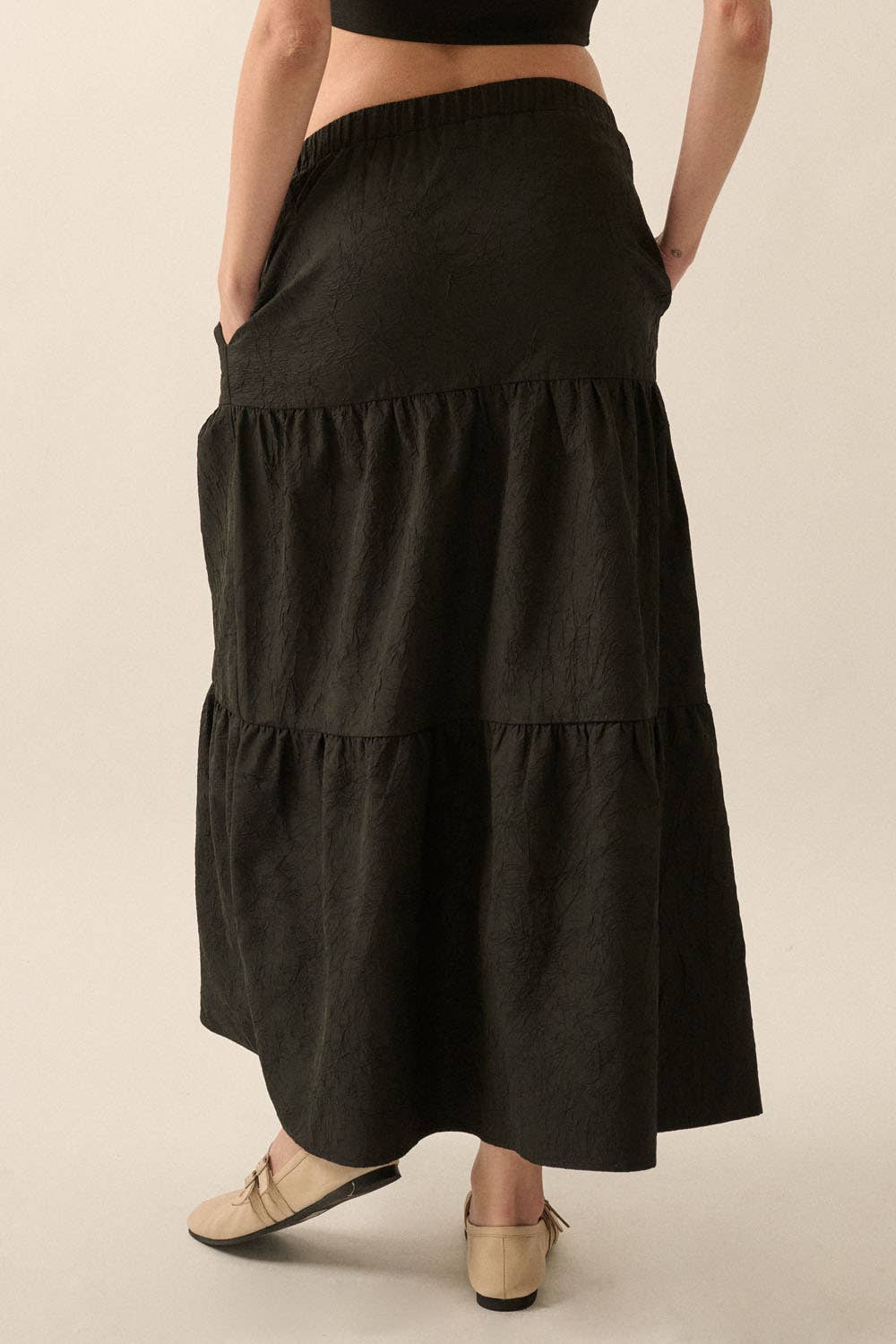 Tiered Ruffle Wrinkle-Texture Woven Maxi Skirt