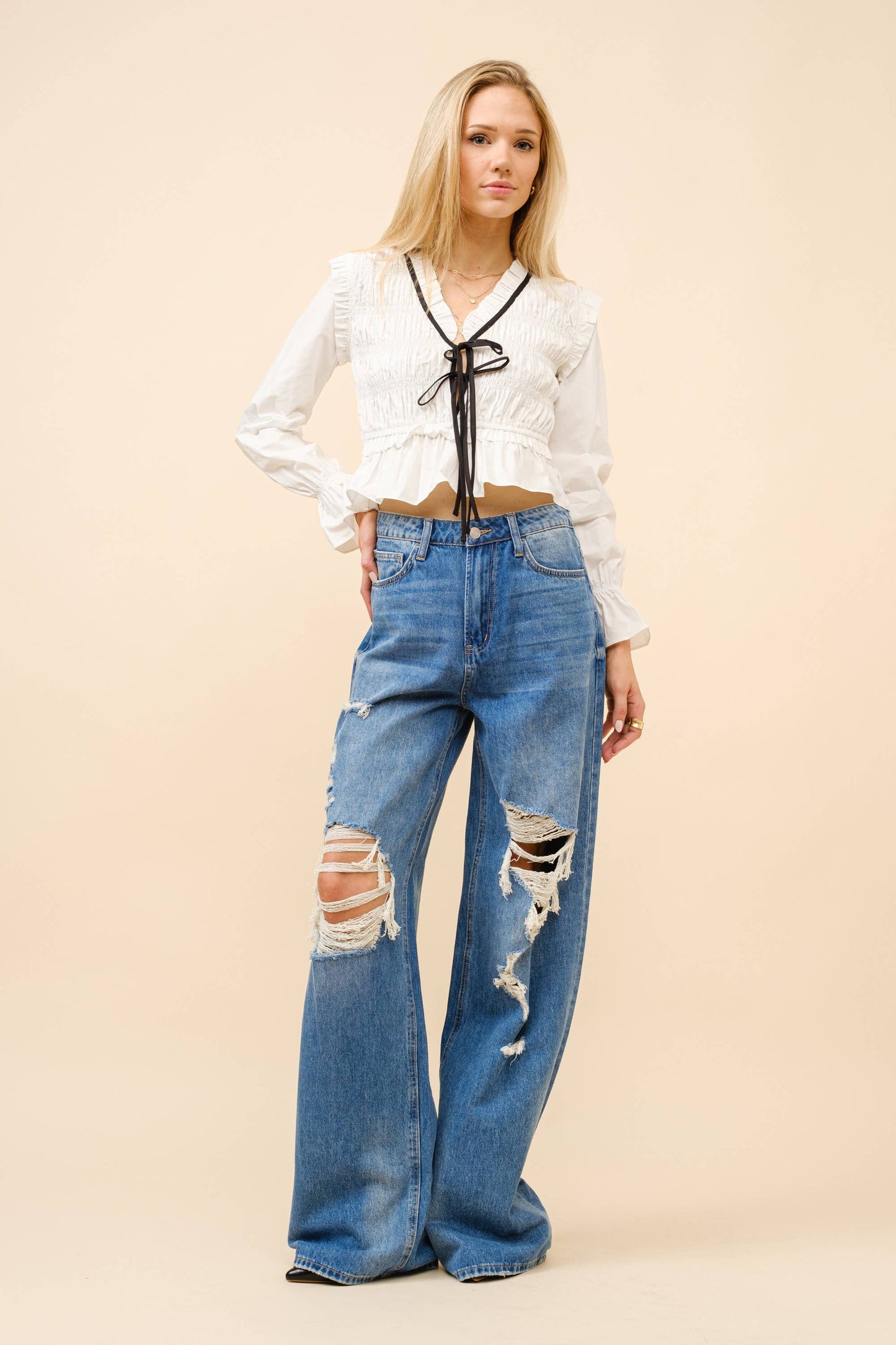 Poplin Smocked Tie Blouse