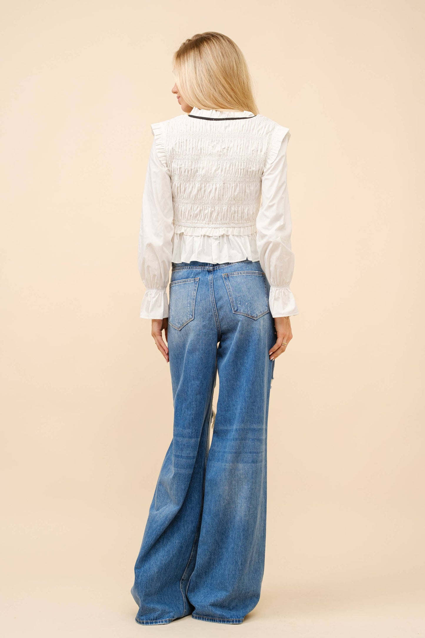 Poplin Smocked Tie Blouse