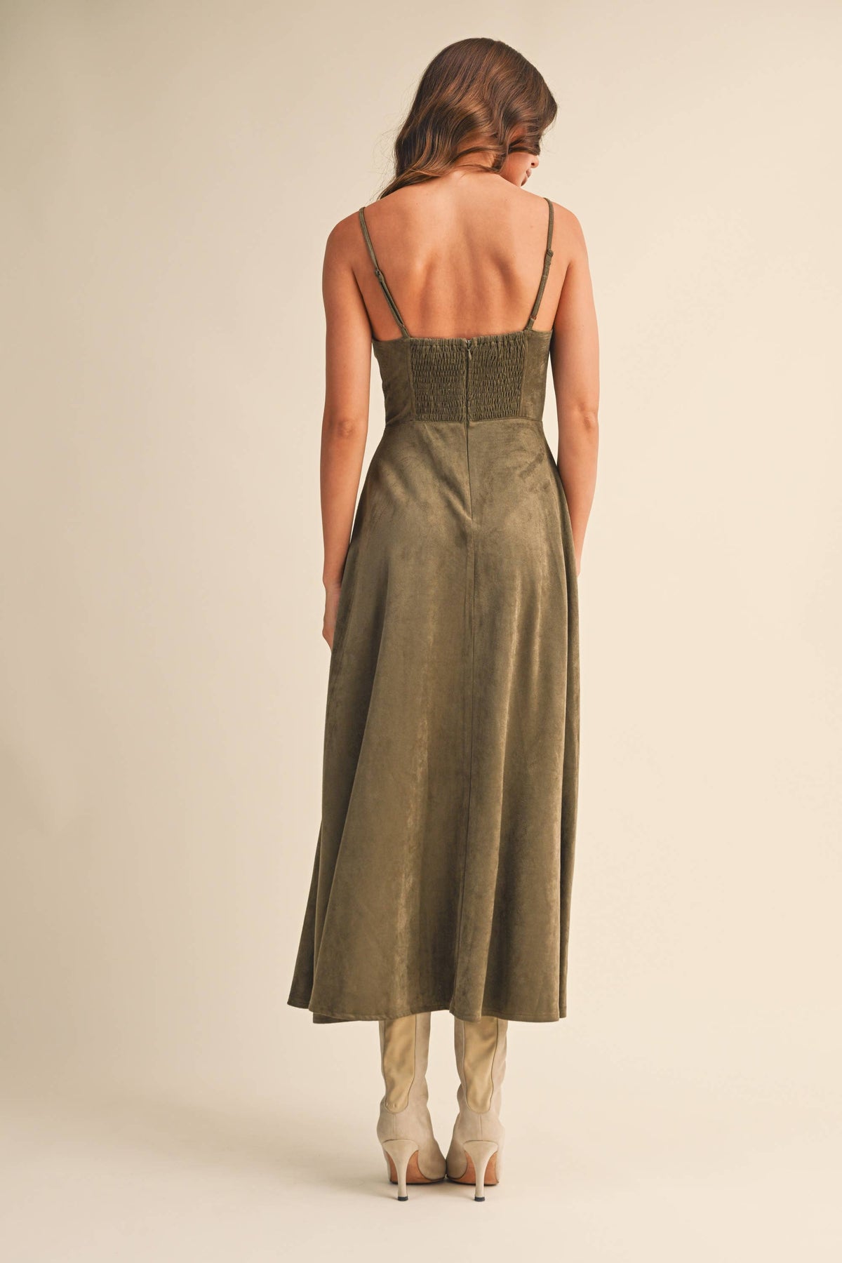 Suede Corset Flared Midi Dress