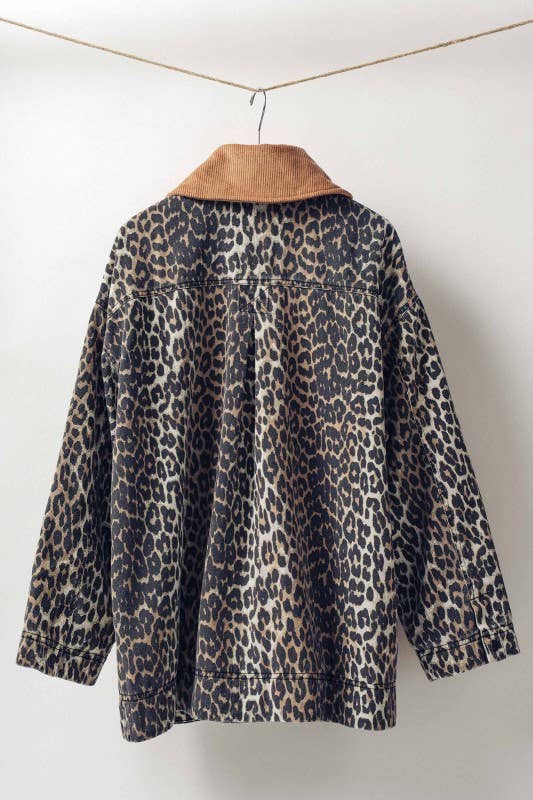Corduroy Collar Leopard Print Jacket