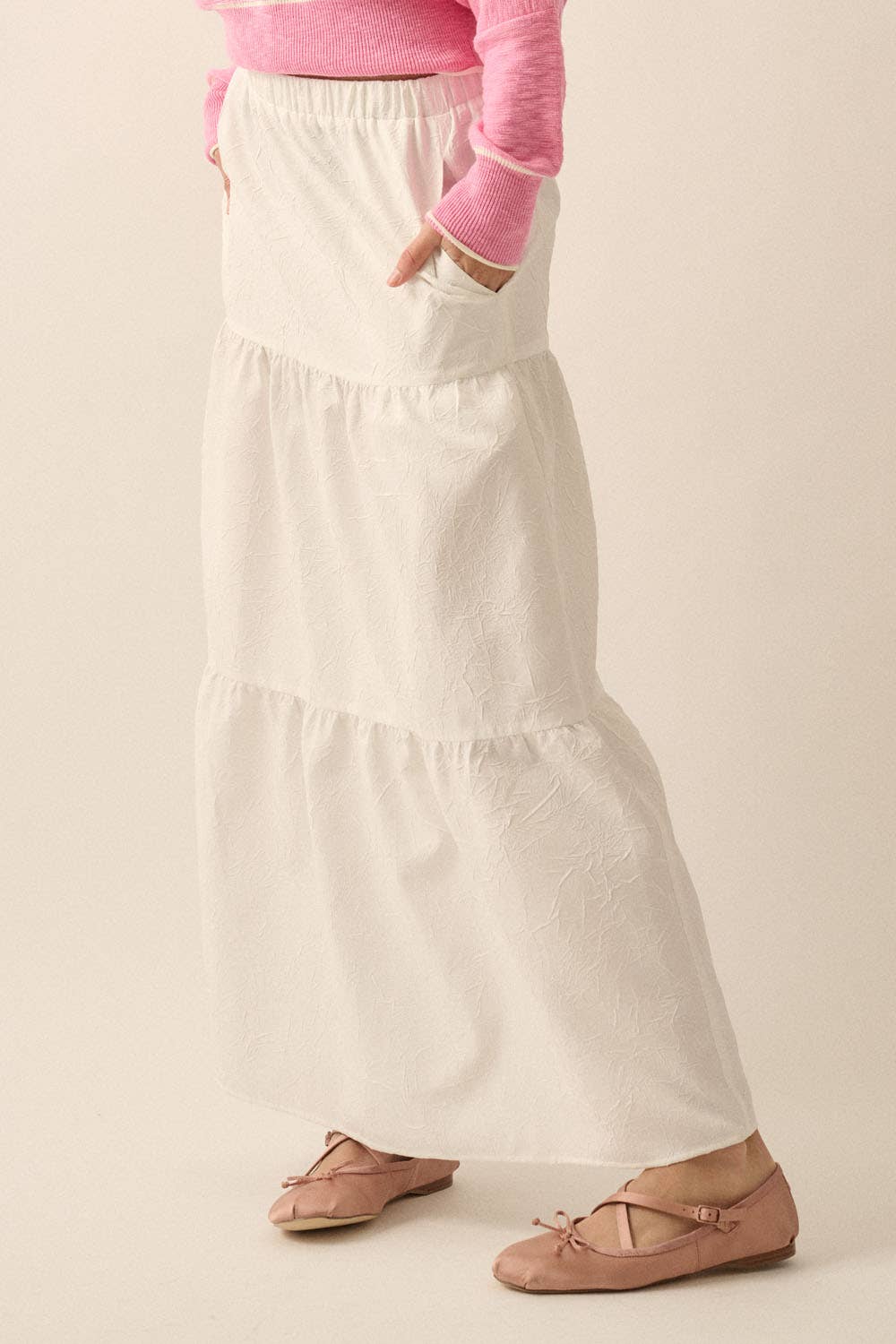 Tiered Ruffle Wrinkle-Texture Woven Maxi Skirt
