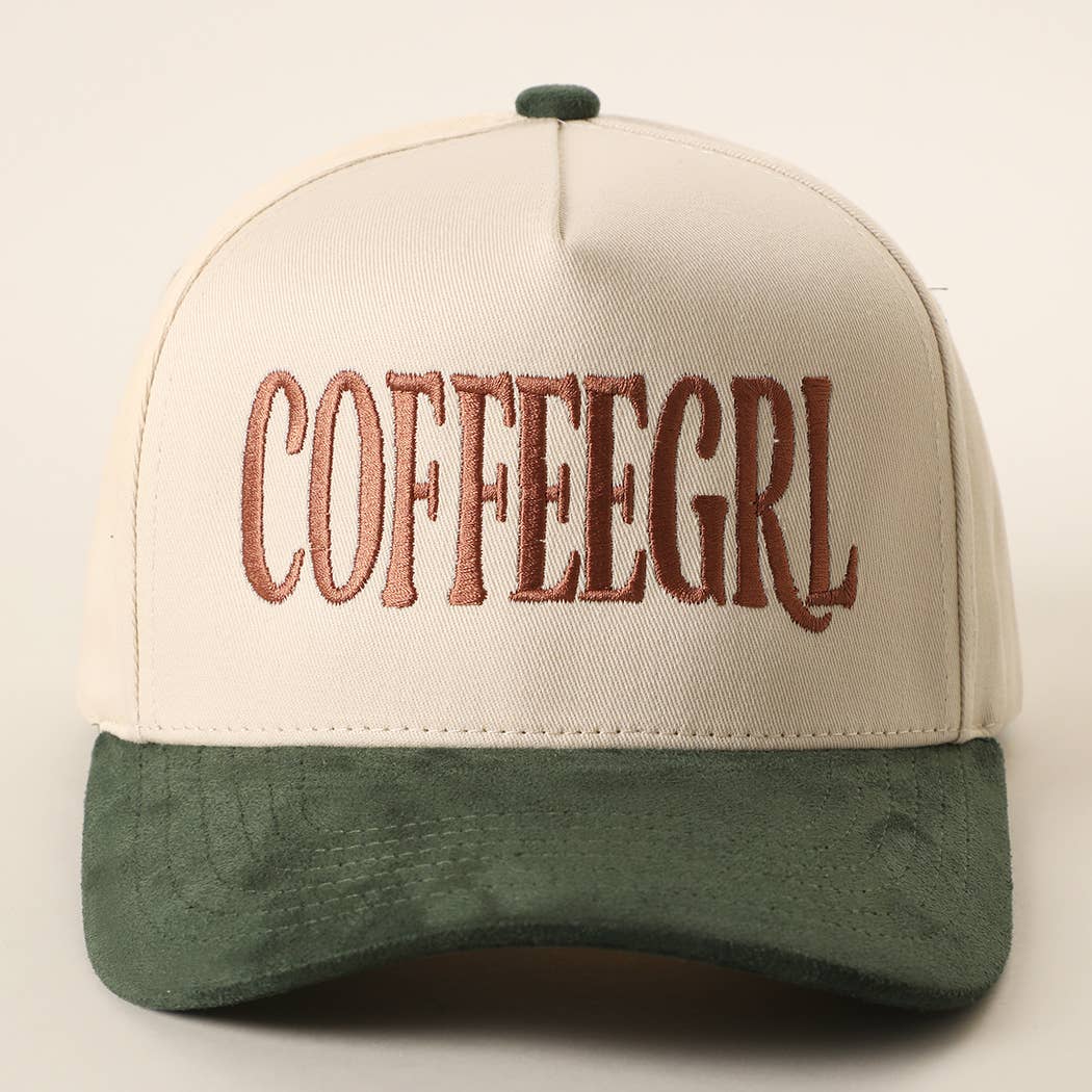 COFFEE GRL Embroidered Two-Tone Suede Brim Trucker Hat