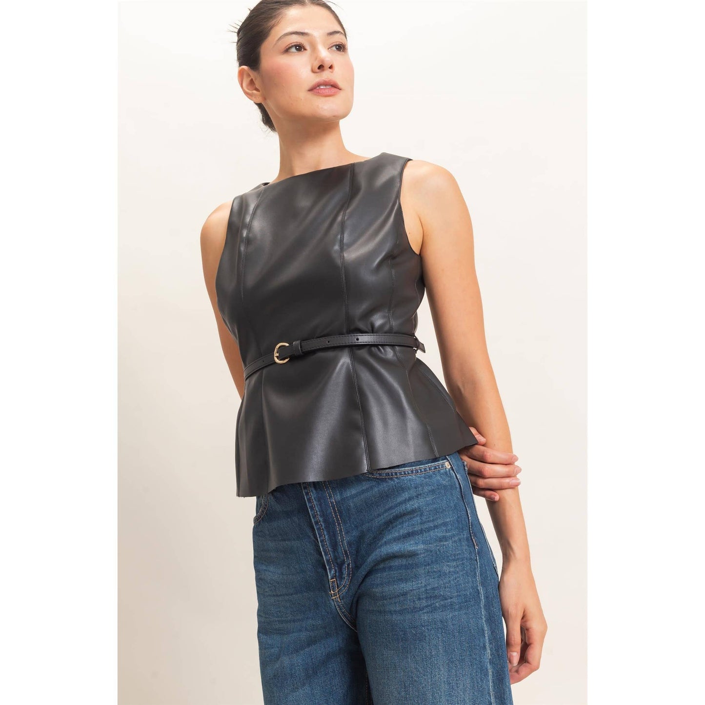 Sleek Faux Leather Belted Top