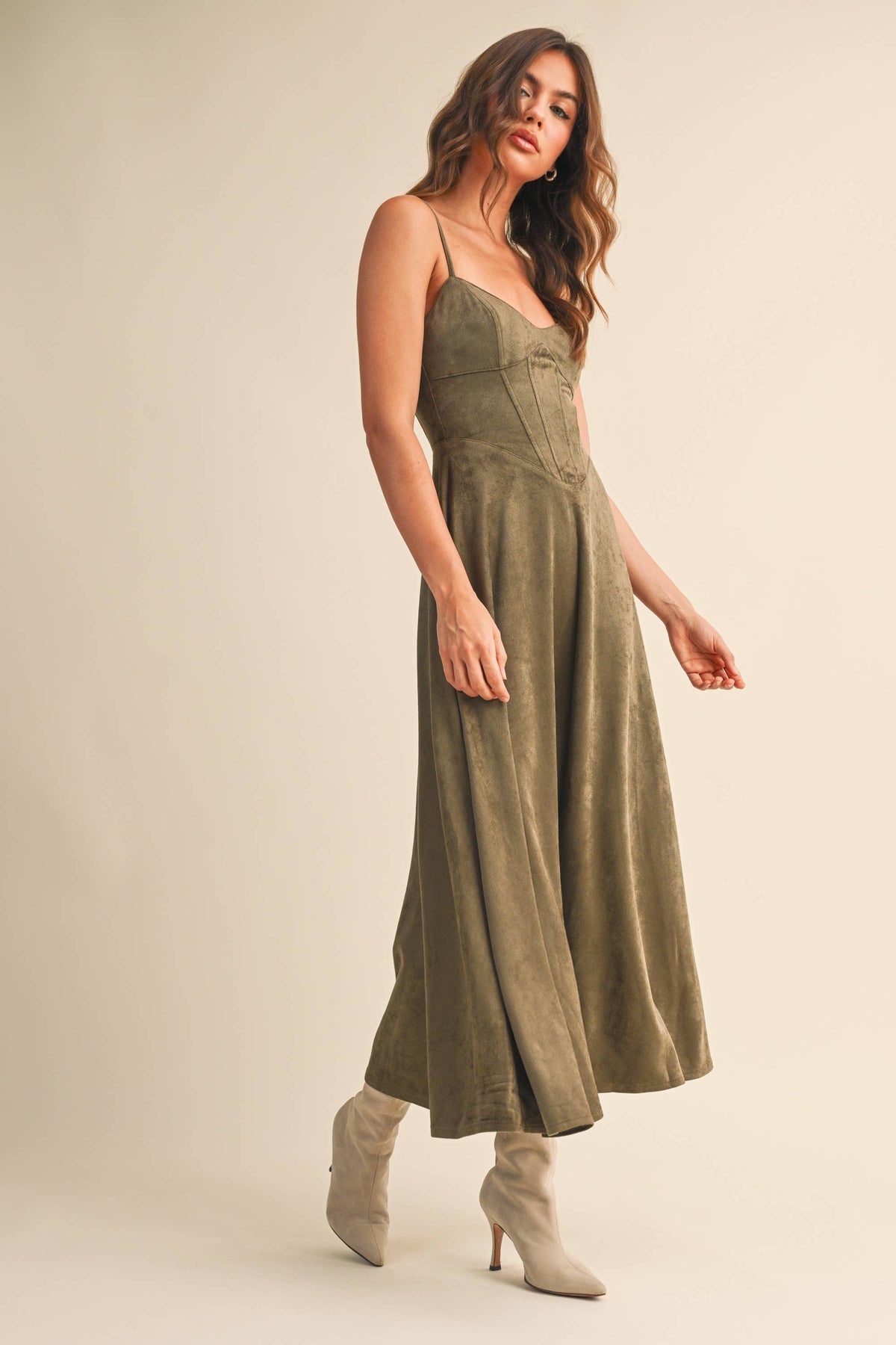 Suede Corset Flared Midi Dress