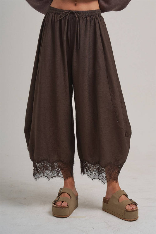 Flowy Balloon Pants with Lace Trim