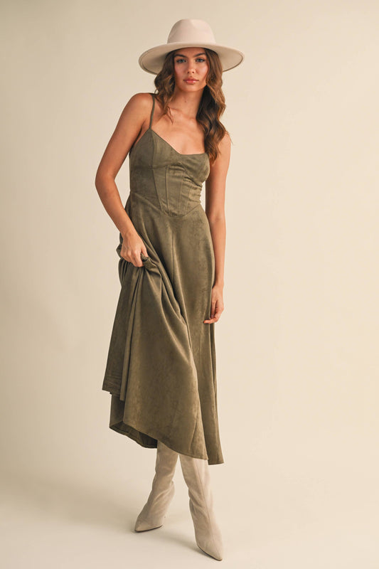 Suede Corset Flared Midi Dress