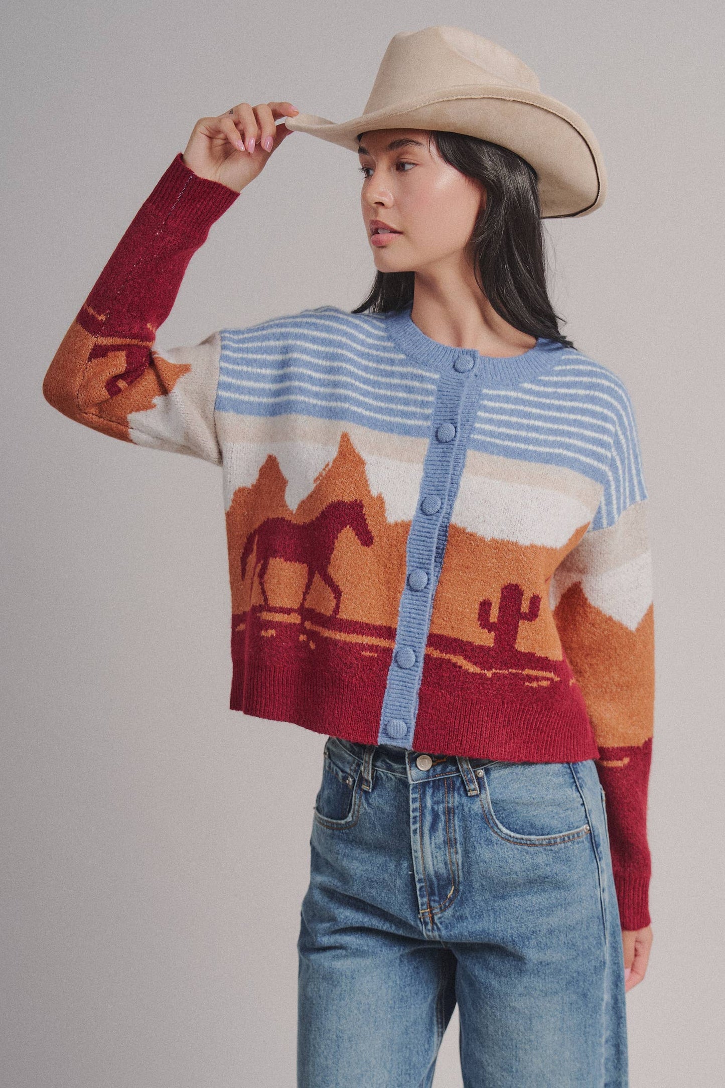 Western Desert Scene Cropped Button Cardigan