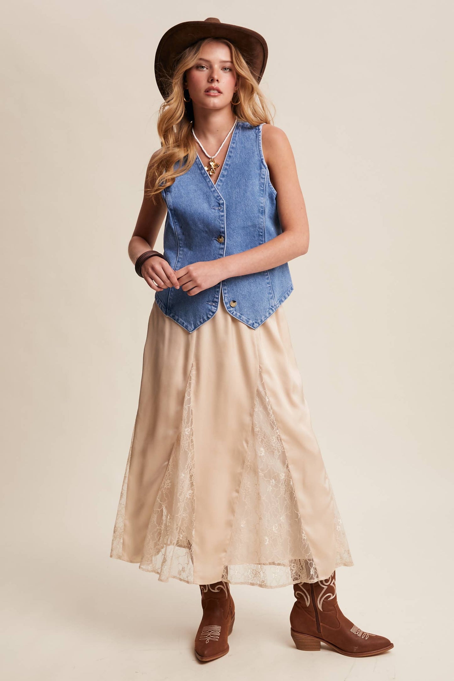 Lace Inset Satin Midi Skirt