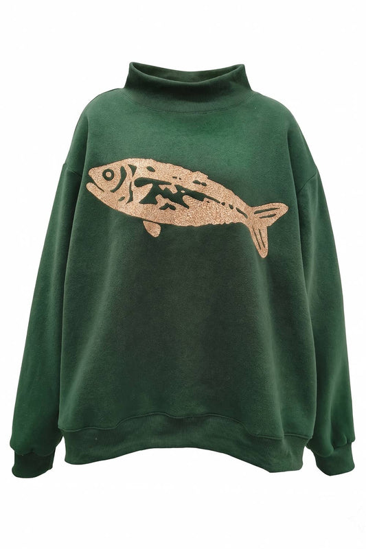 Fish-Embroidered Mock-Neck Sweatshirt