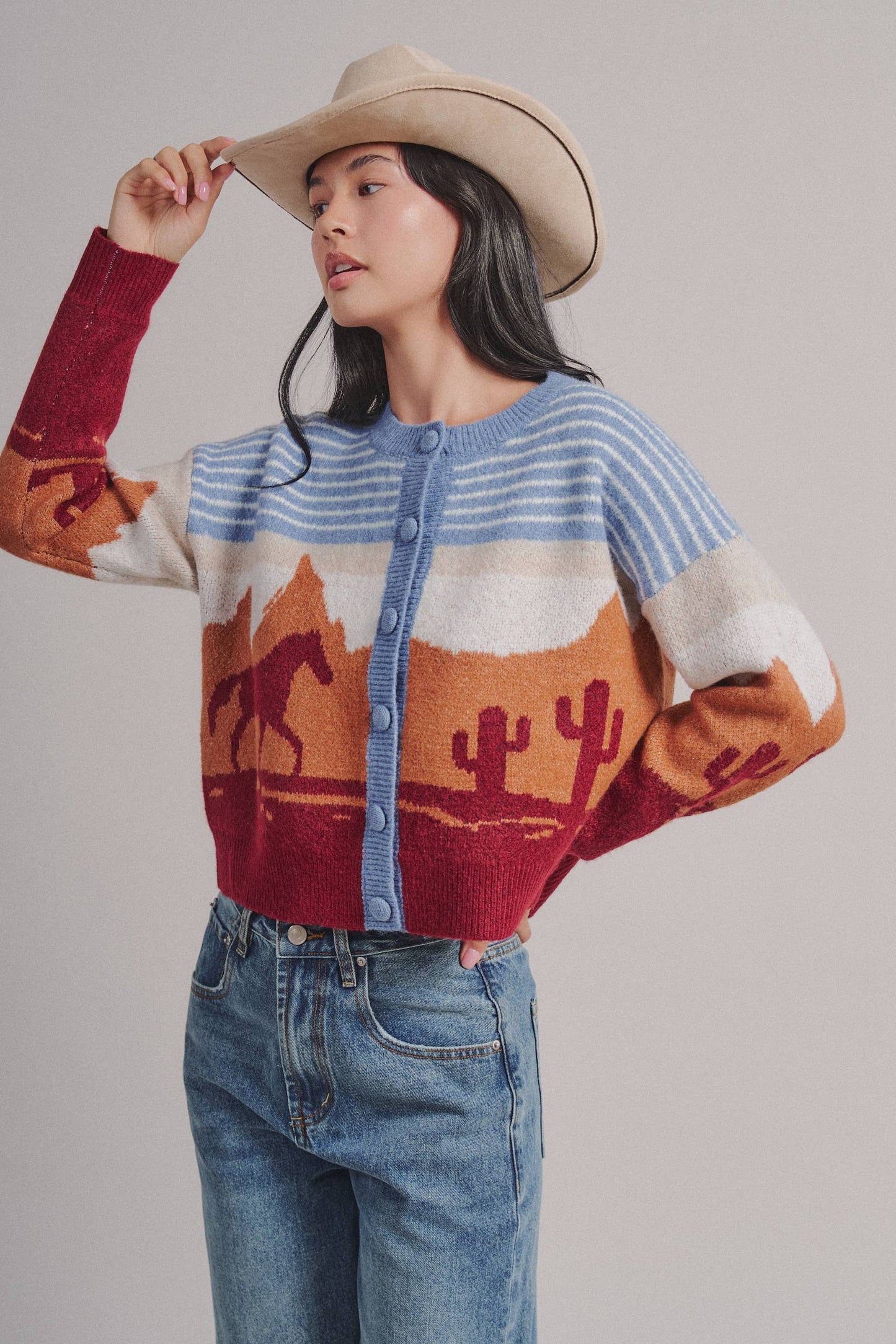 Western Desert Scene Cropped Button Cardigan